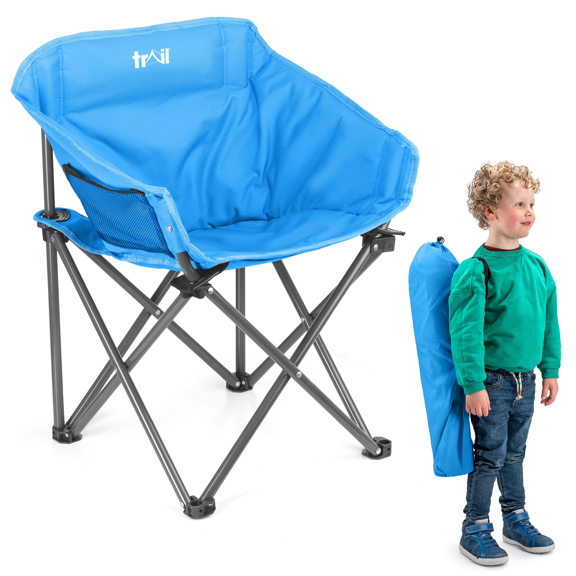 Trail Buzzard Kids Bucket Camping Chair (Blue) – Lightweight Folding Outdoor Garden Beach Chair, All-Round Padded Seat, Steel Frame & Safety Locks, Cup Holder & Pocket, Bag Included (Ages 3-10)