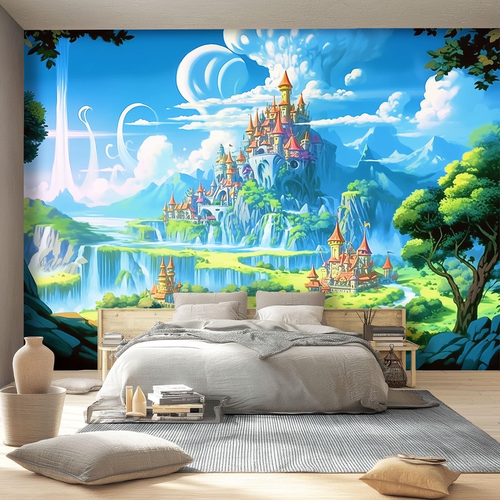 – Wall Murals 350 x 256 cm, Castle Island Pattern Wall Fabric Removable, Cartoon Fantasy Style Large Photo Wallpaper for Living Room Bedroom Bathroom Office Dining Room Kid's Room Home Decor