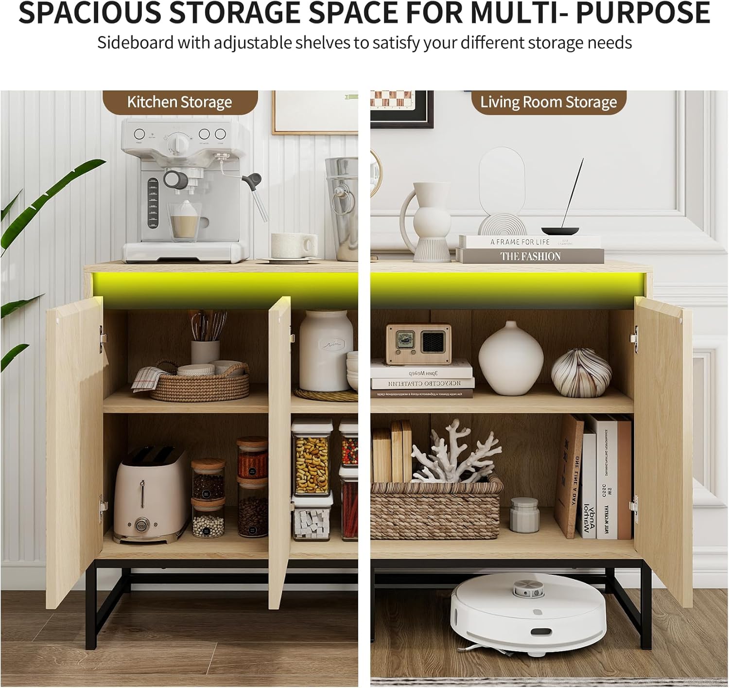 溝付きサイドボードビュッフェキャビネット 収納付き 47インチ 木製