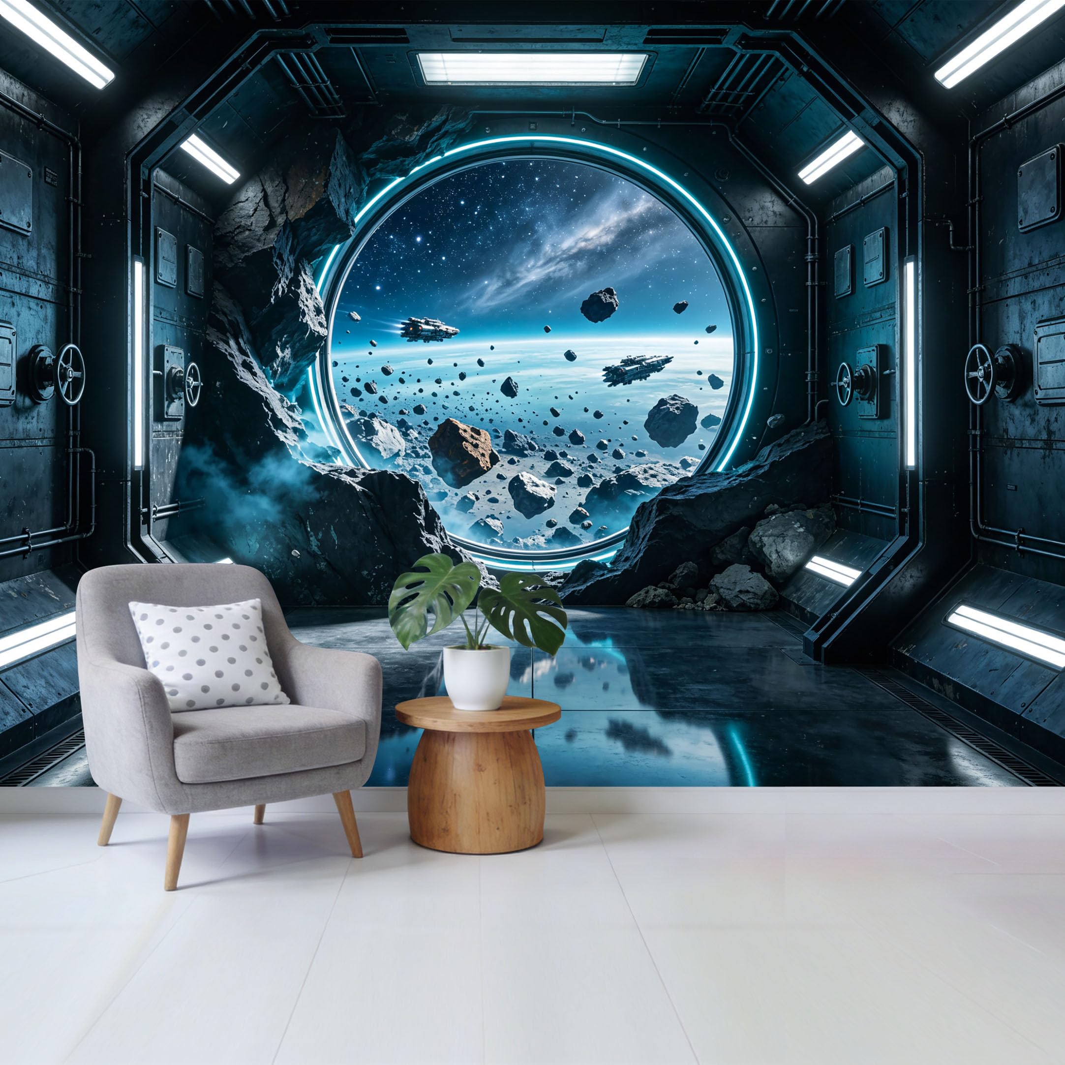 Custom Size Wall Mural， 3D Space Station Portal Starfield Asteroid Sci Fi Industrial Removable Self Adhesive Fabric，Home Wall Decor for Living Room Bedroom Bathroom