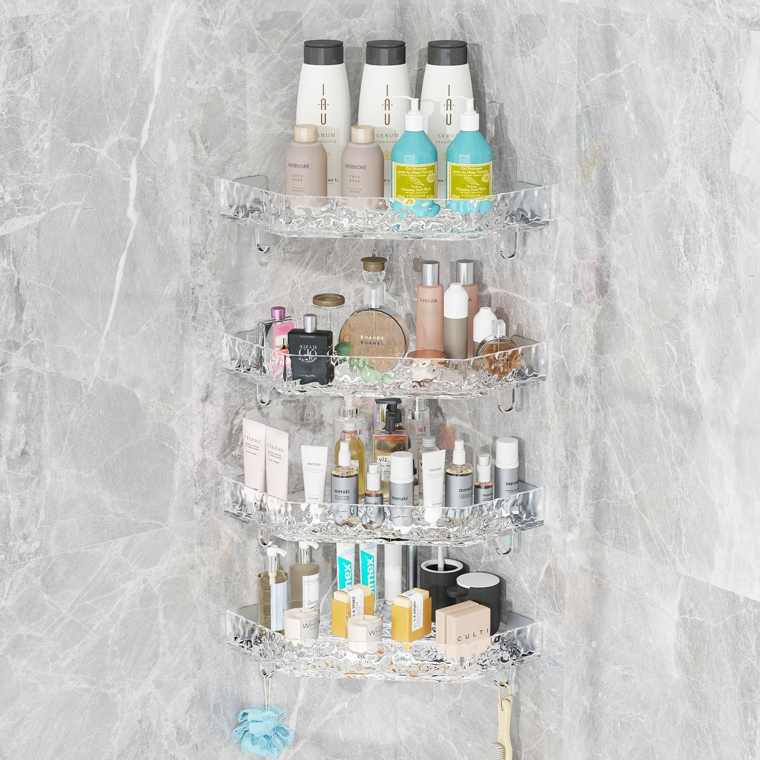 Corner Shower Caddy,4 Packs Adhesive Shower Shelves With 8 Hooks,Acrylic Shower Organizer Corner,No Drilling Shower Organizer Wall Mounted,Plastic Clear Shower Rack For Inside Shower,Bathroom