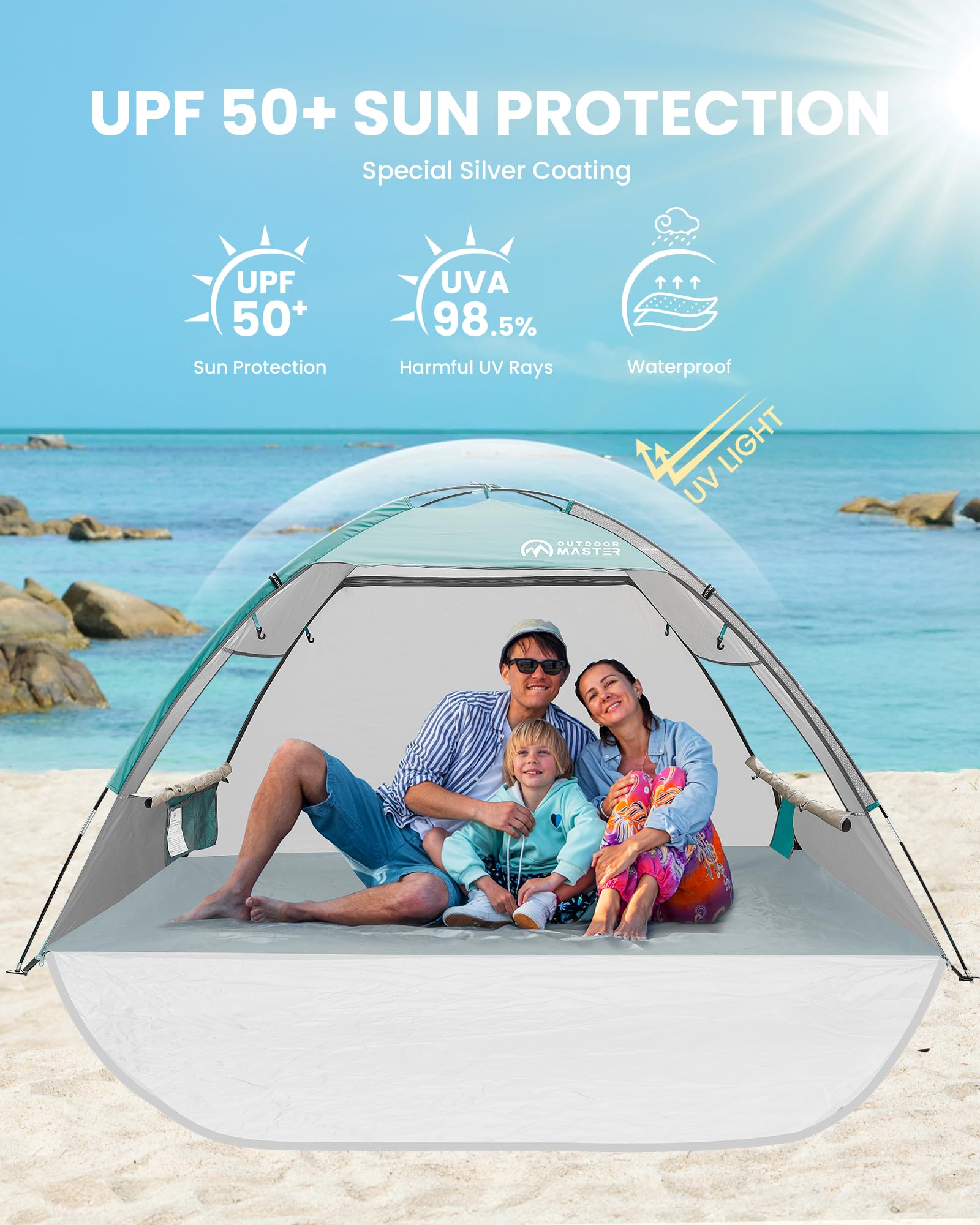 OutdoorMaster Tente de Plage pour 3 Personnes avec 2 Portes, abri Pare-Soleil Facile à Installer, auvent de Plage Portable avec Protection UV UPF 50+, Sol Extensible avec Sac de Transport