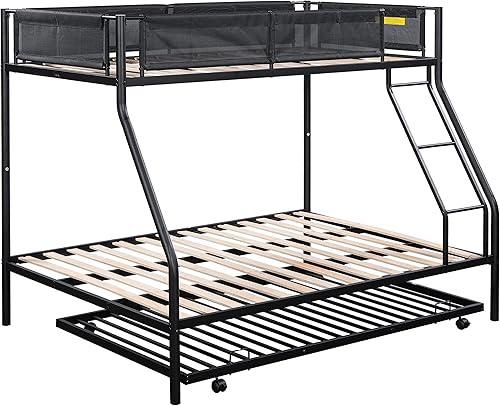 Miniatura 6 de Litera individual sobre tamaño matrimonial con marco de litera de metal nido con listones de madera y barandilla de textileno