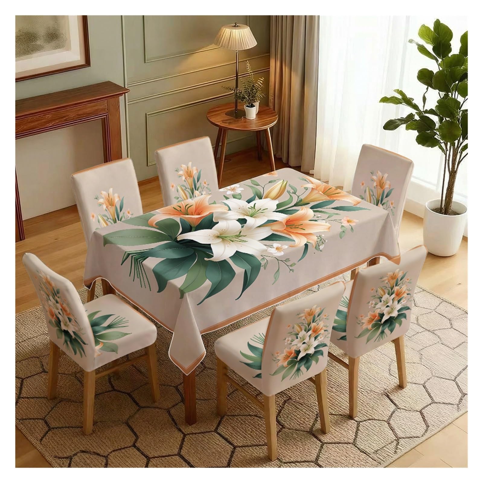 KXUAUV Lily Floral Print Stretch Dining Chair Covers Tablecloth Set, For Kitchen Dining Living Room Elegant Farmhouse Decor, 5/7 Pack Party Decor(7pcs Set: Tablecloth+Chair Covers)