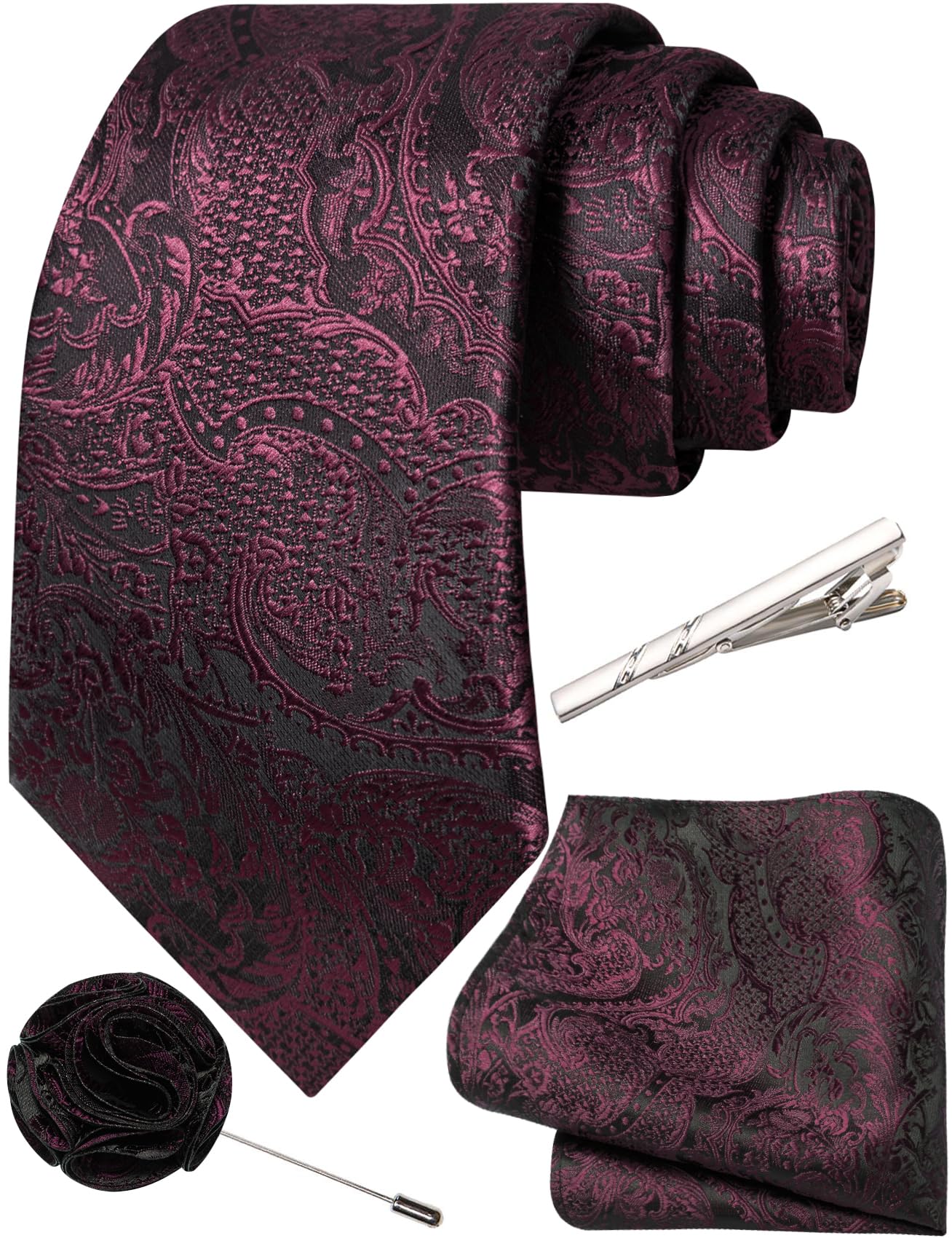 Unique Paisley Ties for Men Silk Neck Tie and Pocket Square Set with Tie Clip Lapel Pin Wedding Formal