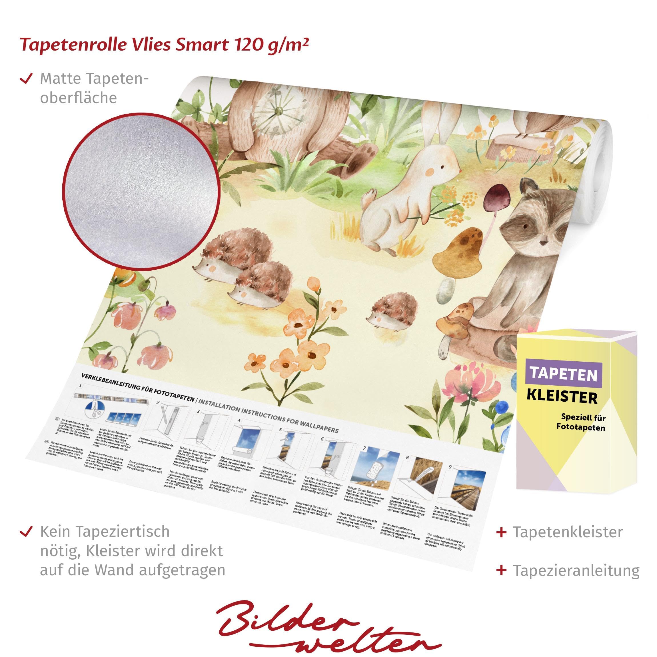 Bilderwelten Fototapete Babyzimmer Aquarell Waldtiere 190x288 cm Vlies-Tapete XXL Smart Wandtapete Wanddekoration Kinder Kinderzimmer