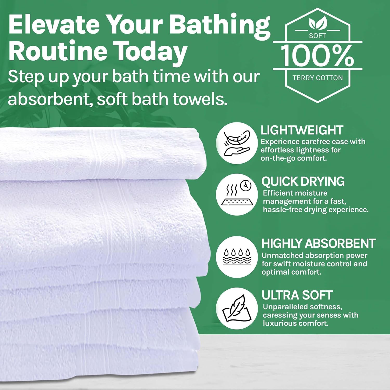 Towels N More 6 Pack White Bath Towels 24x48 Inch Poolside Towels, Cotton Towel Set for Bathroom, Hotel, Gym, Pool, Spa, Soft Extra Absorbent Quick Dry
