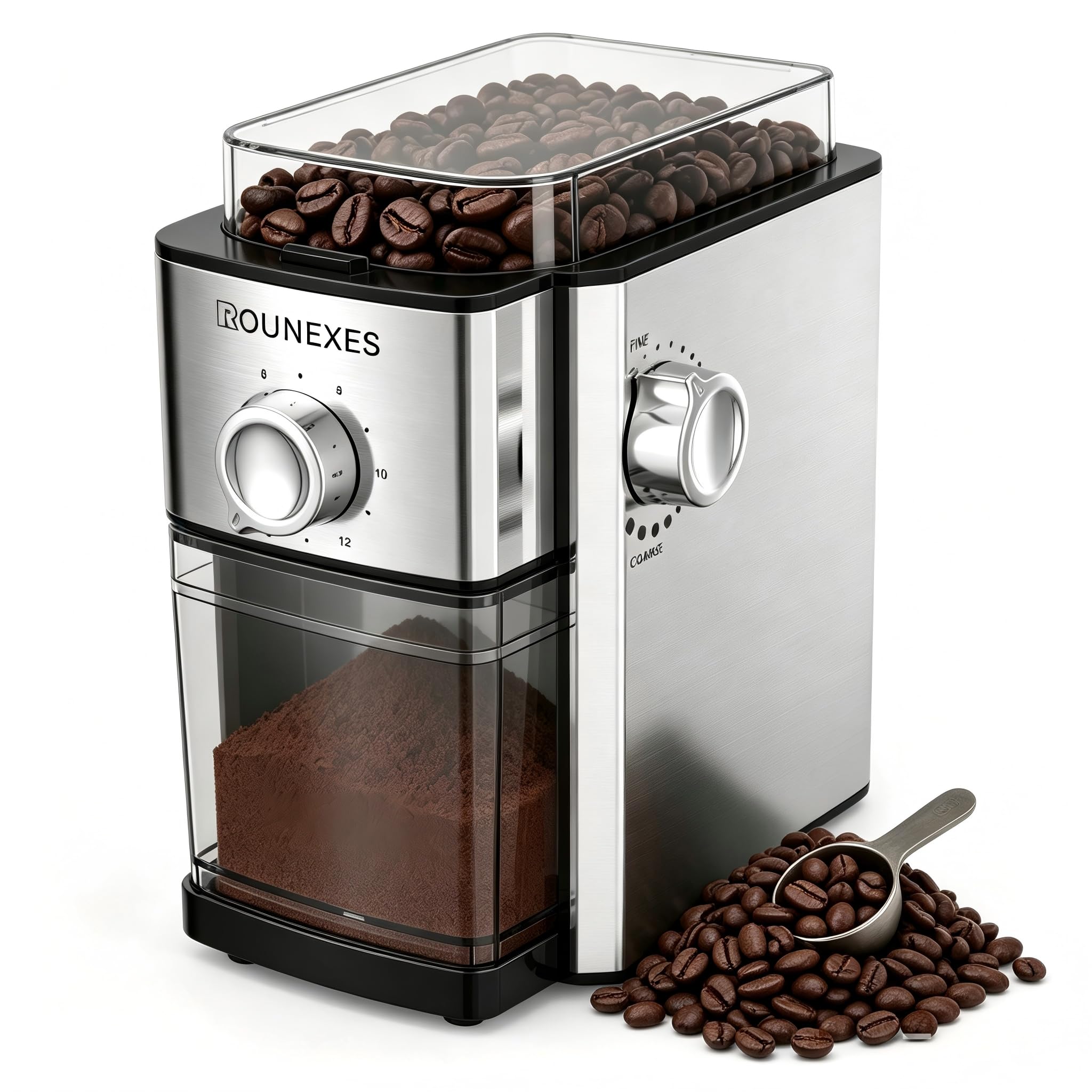 Photo 1 of ROUNEXES Flat Burr Coffee Grinder Electric, Automatic Coffee Bean Grinder with 17 Adjustable Settings, Burr Mill for Espresso, Removable Container, 2-12 Cup, Metal Silver