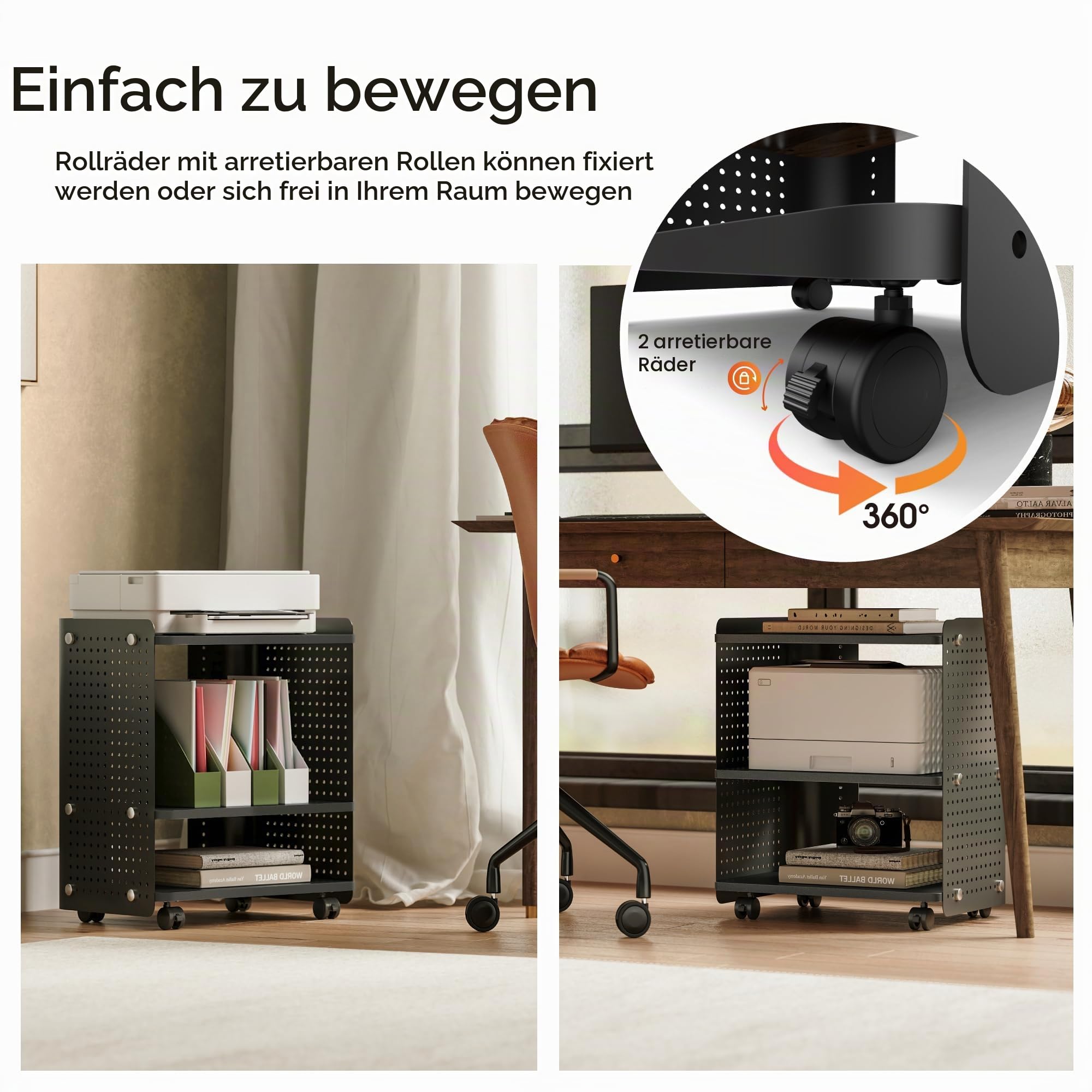 Fenge Druckertisch mit Rädern Mobiler Druckerhalter mit Pegboard 3 Ebene Druckerständer/Rollcontainer mit Organizer Regal Aktenschrank für Büro Zuhause 45,3x33,5x53,5cm (Schwarz)