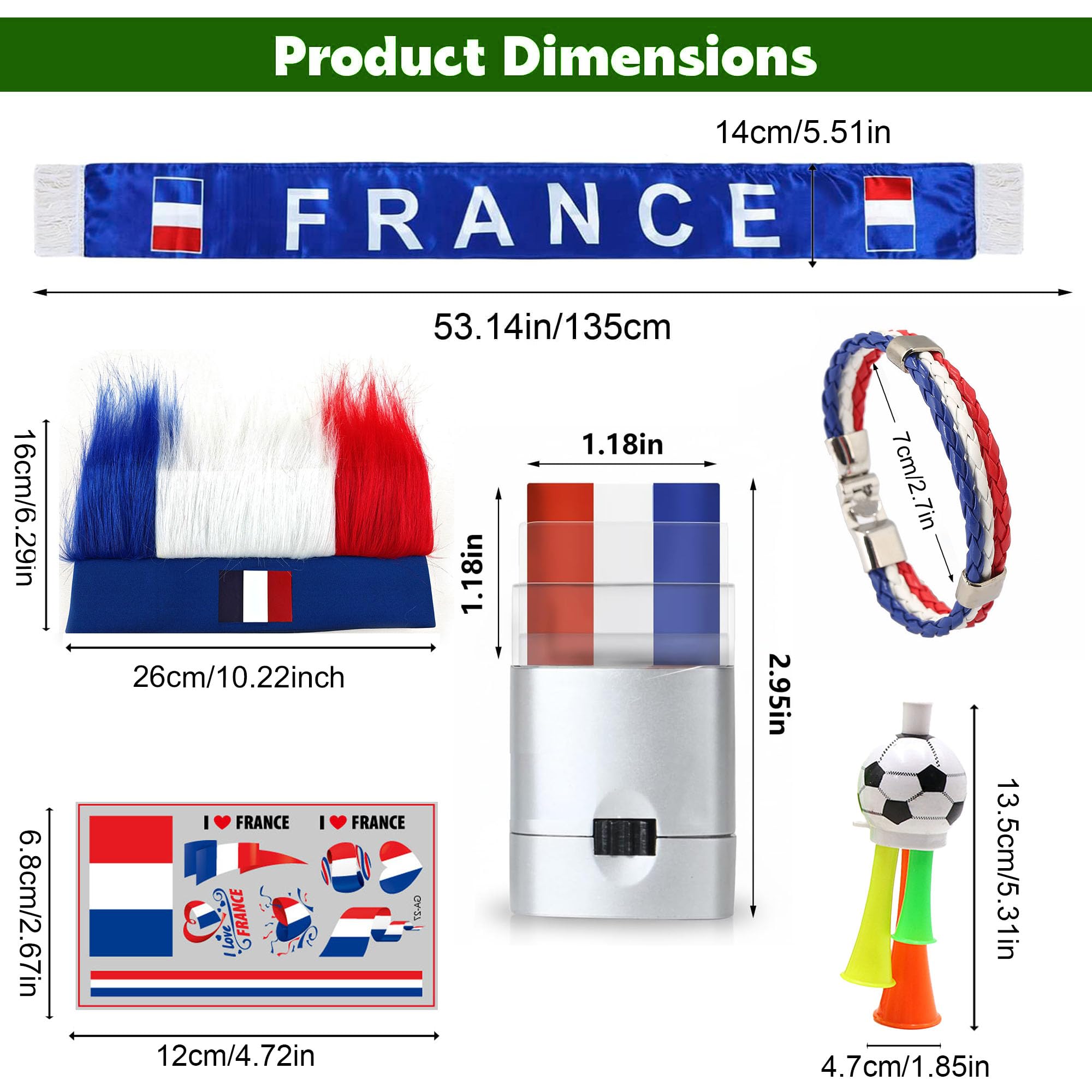 Ensemble de 6 pièces pour fan du monde de football 2026 - Écharpe, crayon de maquillage, drapeau, bandeau, perruque, bracelet en cuir, corne, tatouage pour homme et femme, stade, matchs de