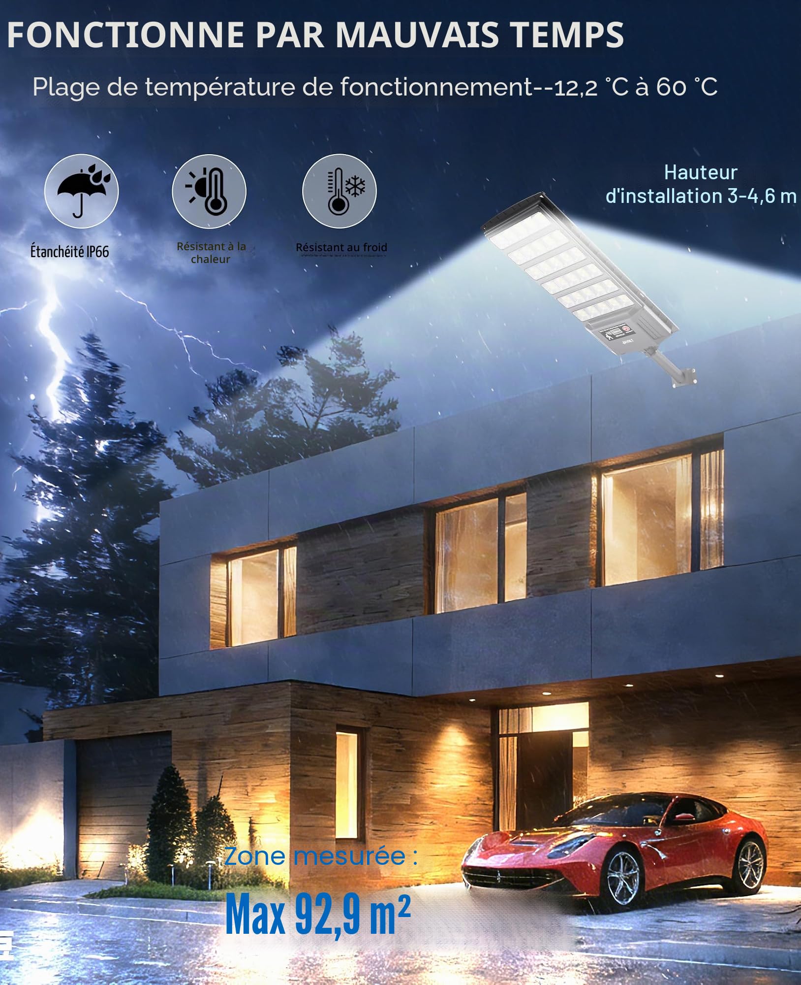 JAYNLT Lampadaire Solaire Exterieur, 6500K Lampe solaire Extérieure avec Télécommande, IP66 Étanche Projecteur avec Detecteur de Mouvement, Lumière Solaire pour Rue, Garage, Parking-2 Pack