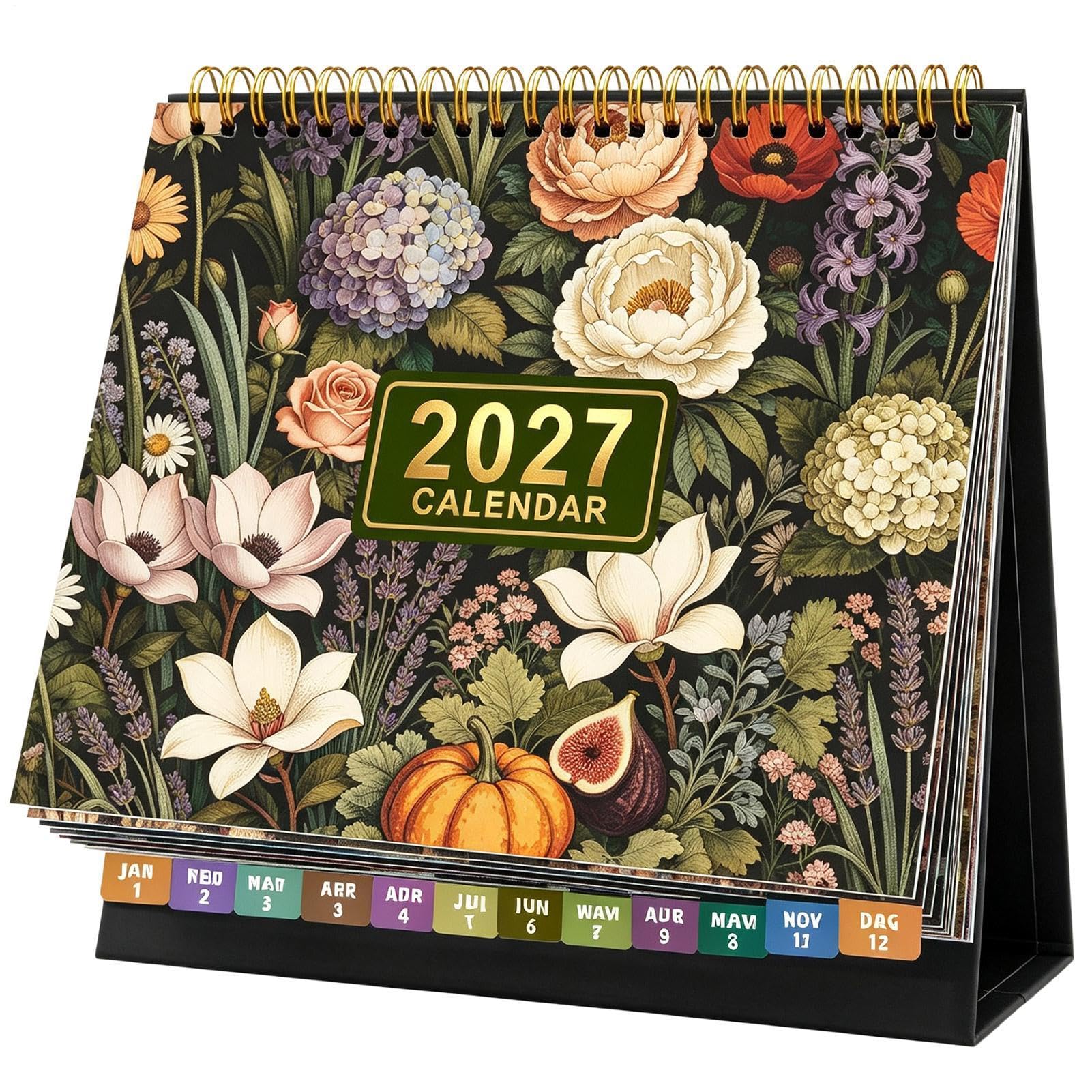 2027 Desk Calendar with Tabs and Stickers, Standing Desktop Calendar 2027