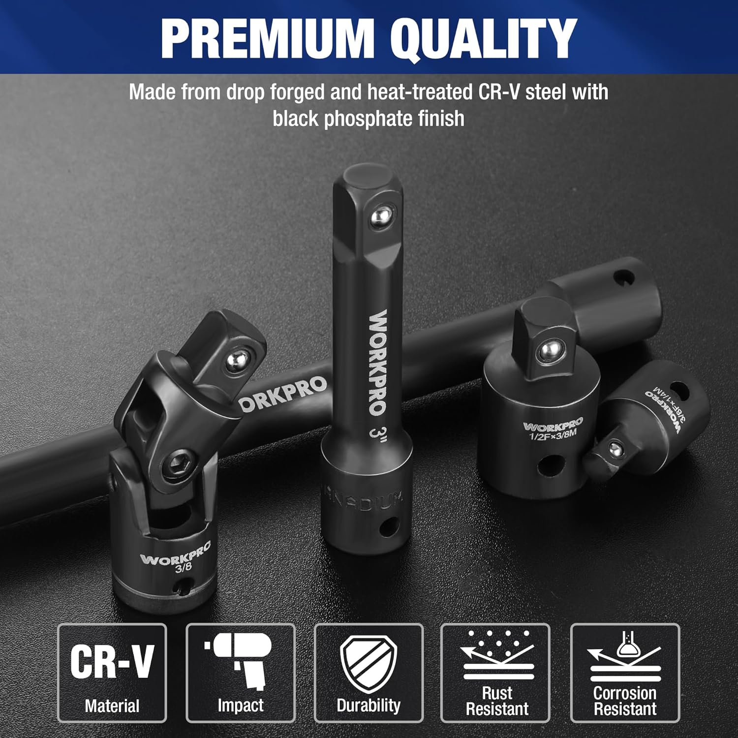 WORKPRO 9-Piece Impact Socket Extension Set, Includes 3/8" Drive Extension Bar Set, 1/4", 3/8" & 1/2" Drive Universal Joints and Adapters, Premium Chrome Vanadium Steel with Black Phosphate Finish