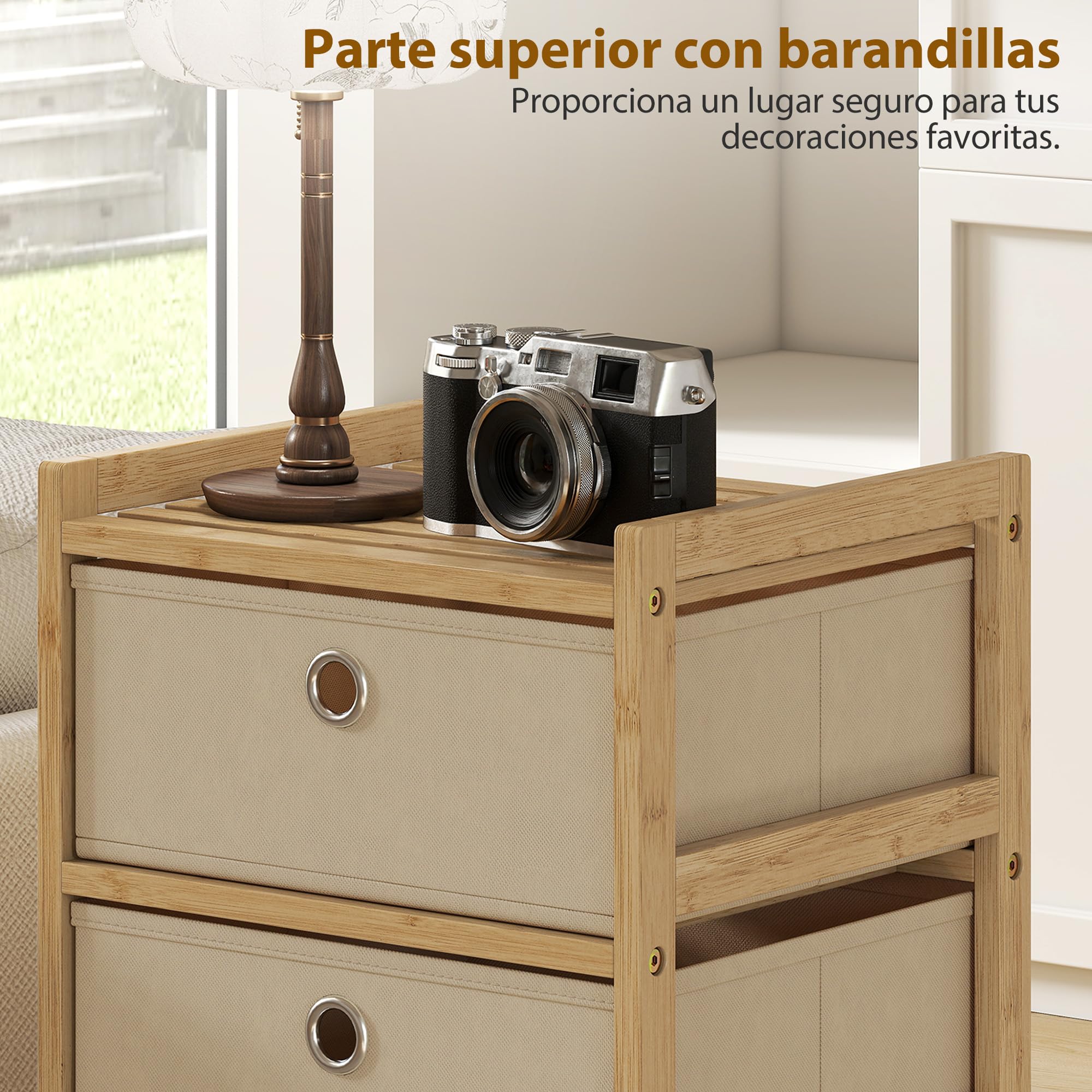 HOMCOM Cassettiera telaio bambù 3 cassetti tessuto bianco crema | Cassettiera, unità di stoccaggio stretta, per piccoli spazi, camera da letto, soggiorno, ingresso