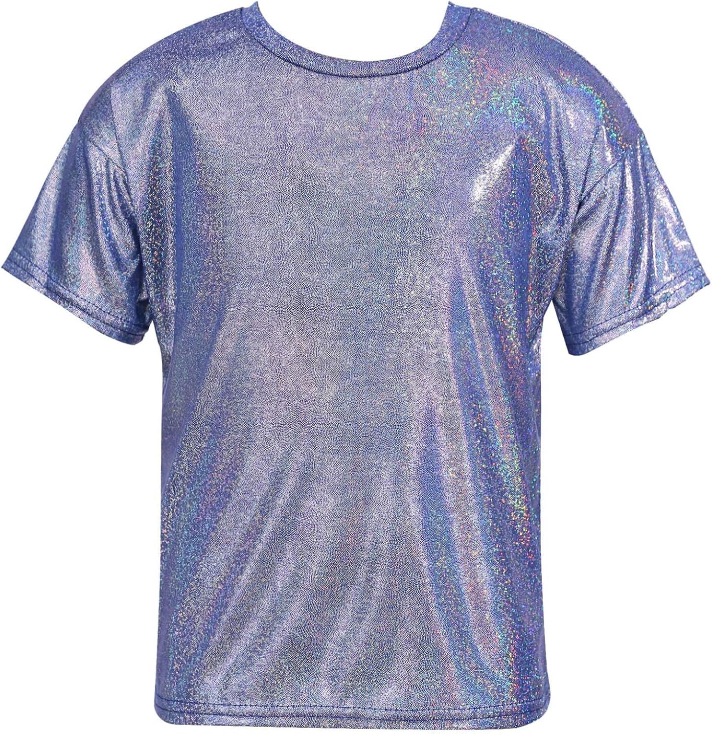 Girls Boys Hip Hop Dance Top Metallic Shiny Short Sleeve Round Neck Jazz Dance Performance T-Shirt