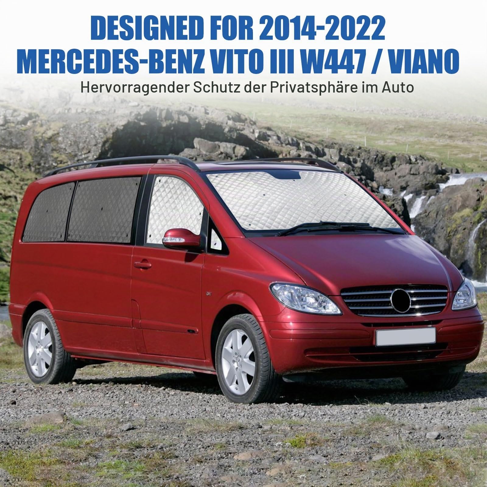 Sonnenschutz Thermomatte Ersatz für Mercedes Vito W447/Viano SWB 2014-2026 | Auto Frontscheibe Abdeckung, 10-teiliges Set für Rundumschutz, Aluminiumfolie Faltbar Sonnenblende, Reflektiert Hitze