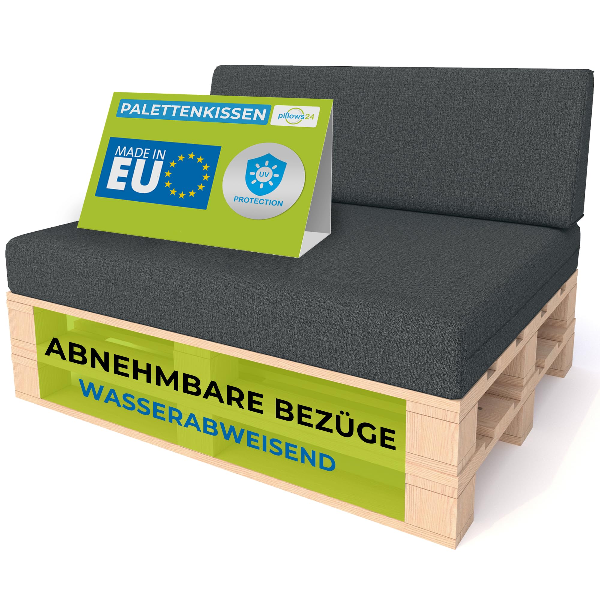 Palettenkissen 2-teiliges Set | Palettenauflage für Palettensofa | Rückenkissen & Sitzkissen für Europaletten | Palettenmöbel für Indoor & Outdoor mit UV-beständig | Made in EU | Graphit