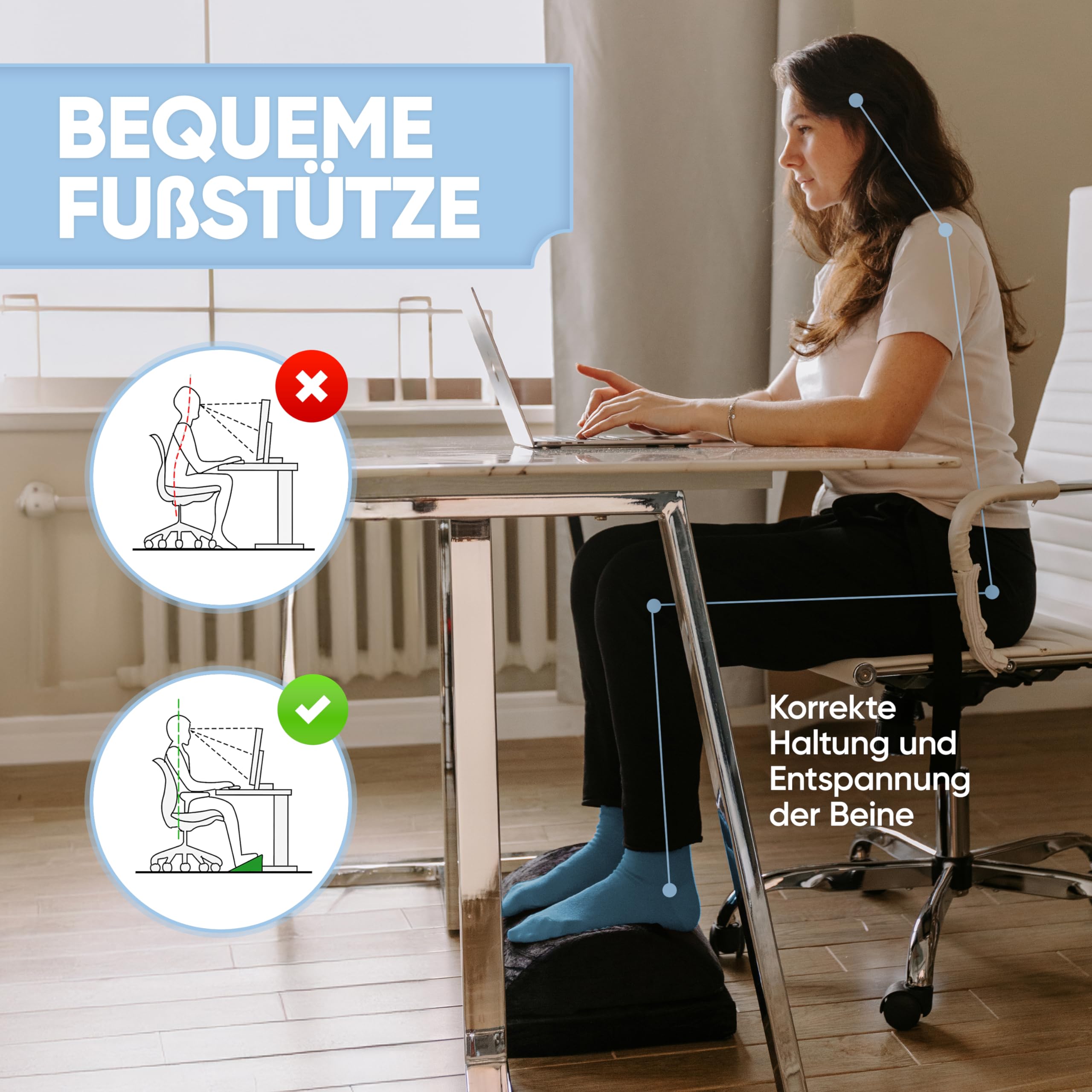 Björn&Schiller Ergonomische Fußstütze, höhenverstellbare warme Fußstütze mit integrierter Fußtasche, orthopädisches Kissen, ideal für Büro, Büro und Home Office