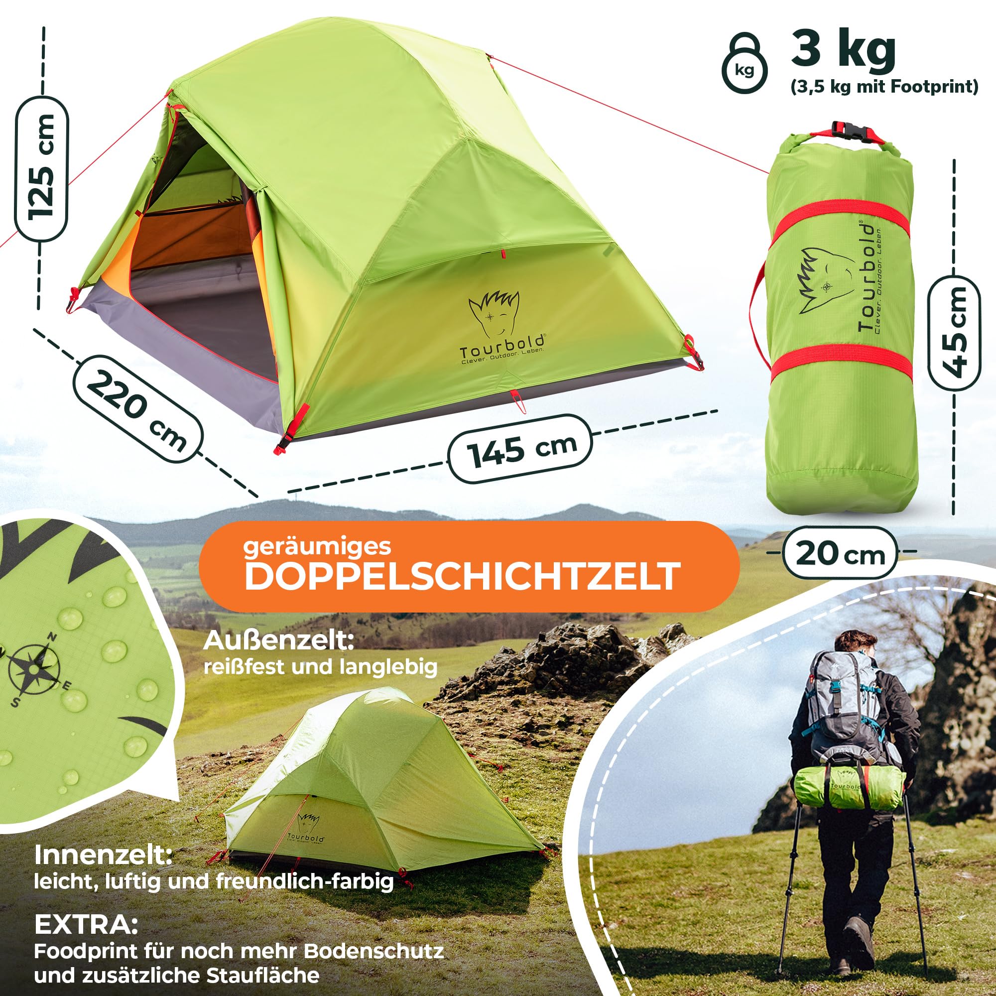 TOURBOLD® Tourbude II 2 Personen Zelt Ultraleicht <3 kg 5 Min. Aufbau | Wasserdicht 3.000 mm Doppelschicht Footprint inklusive Trekking Camping Festival