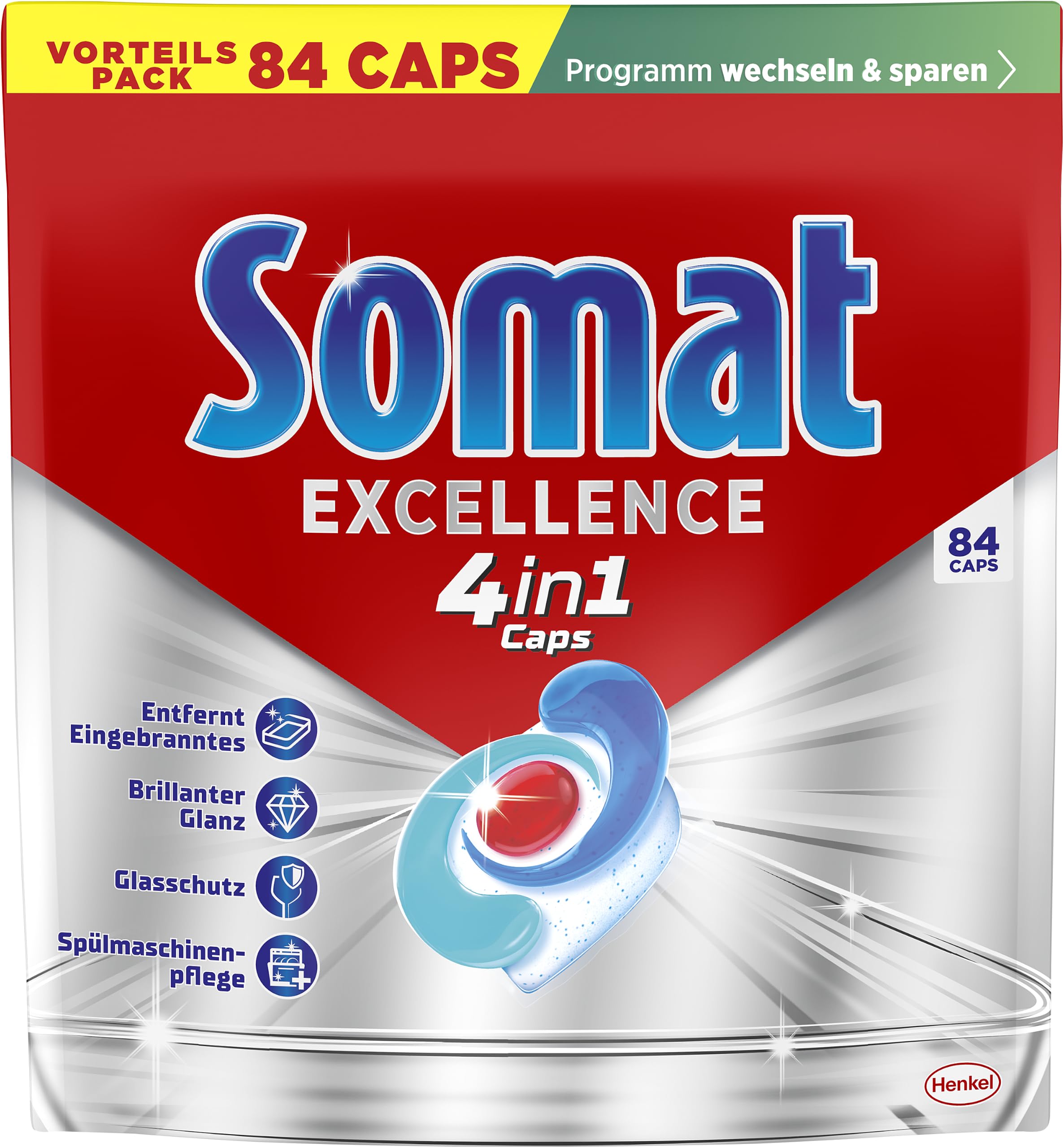 Somat Excellence 4in1 Caps (84 Caps), schnellauflösende Spülmaschinen Caps für brillanten Glanz auch im Niedrigtemperatur-, Kurz- & Eco-Programm, Somat Caps entfernen kraftvoll Eingebranntes