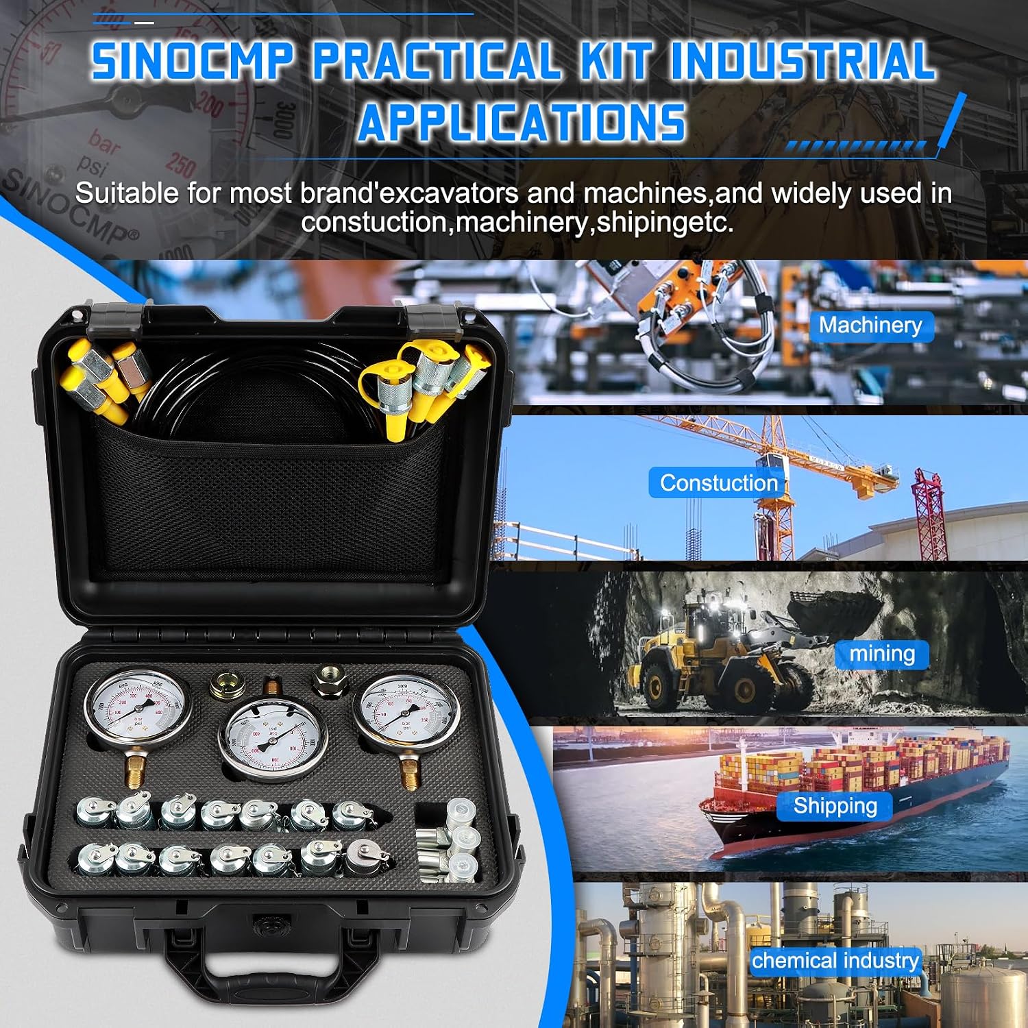 Hydraulic Pressure Gauge Test Kit with 3 Gauges 25/40/60MPa, 16 Straight Connectors, 3 Tee Connectors, 3 Test Hoses 64.5IN, Construction Machinery Excavator Hydraulic Tester Kit