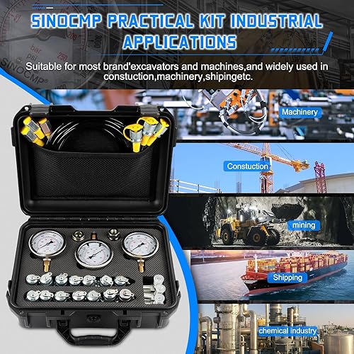 Miniatura 14 de SINOCMP Kit de prueba de presión hidráulica con 3 calibres (25/40/60Mpa), 12 acoplamientos de prueba, 3 mangueras de prueba (64 pulgadas) kit