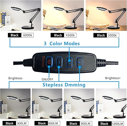 Miniatura 4 de KIRKAS Lupa 10X con luz y soporte, lámpara de escritorio LED regulable sin escalones 2 en 1 con abrazadera, 3 modos de color, lupa iluminada, luz