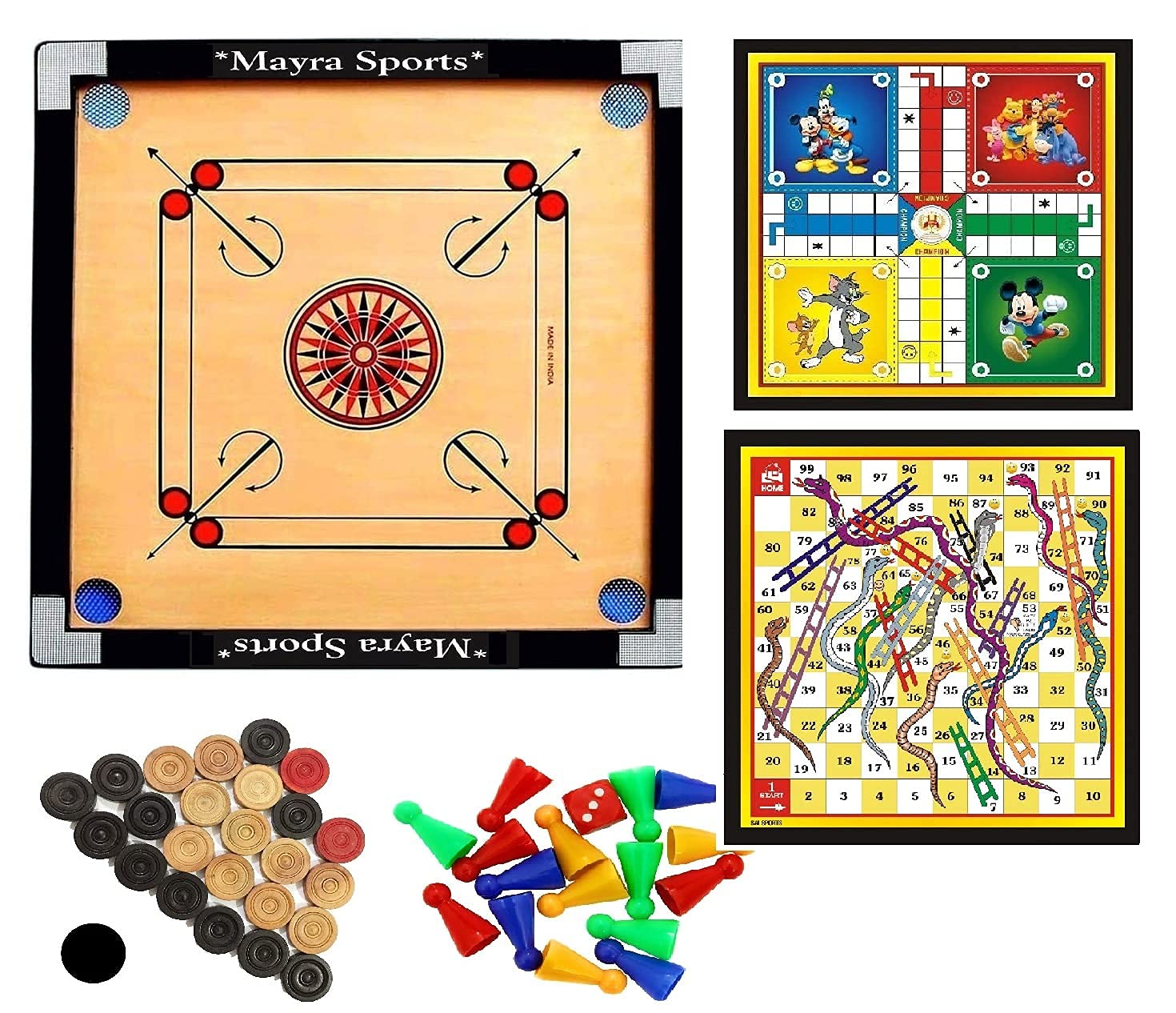 Mayra Sports® : woodan Carrom Board 3 in 1 Game (Carrom Medium with Ludo & Snakes )