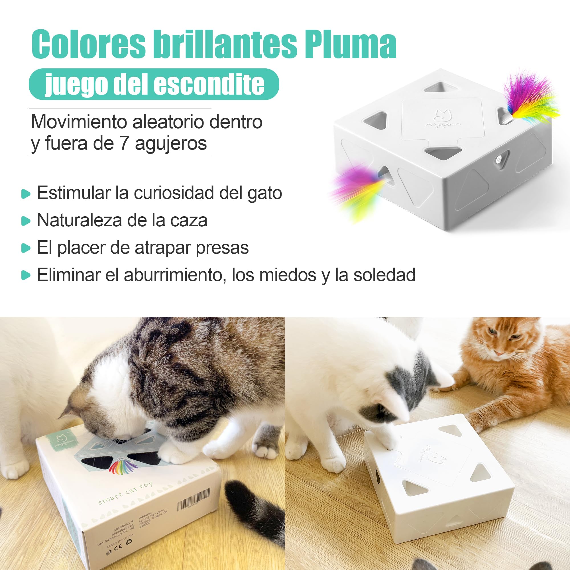 Migipaws Juguetes para Gatos interactivos automáticos de 7 Agujeros Whack-A-Mole, Juguete Inteligente Ultra Divertido para Gatos de Interior, Recargable por USB, 4 Piezas de recambios de Plumas