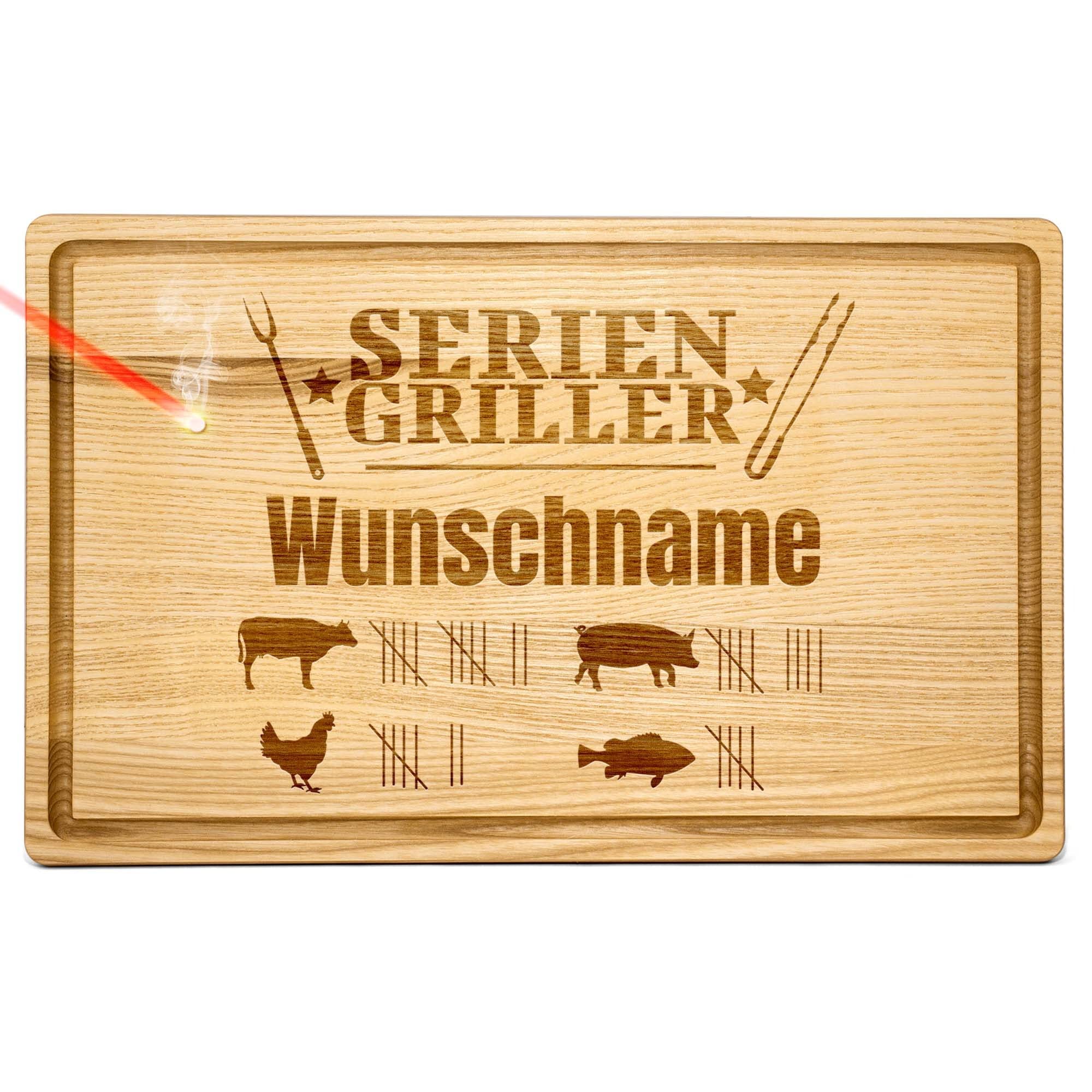 PR Print Royal Großes Holzbrett mit Gravur - Schneidebrett personalisiert mit Name - Seriengriller - Geschenke für Grillfans zum Geburtstag | Eschenholz, 40 x 25 x 2 cm, personalisiertes Geschenk