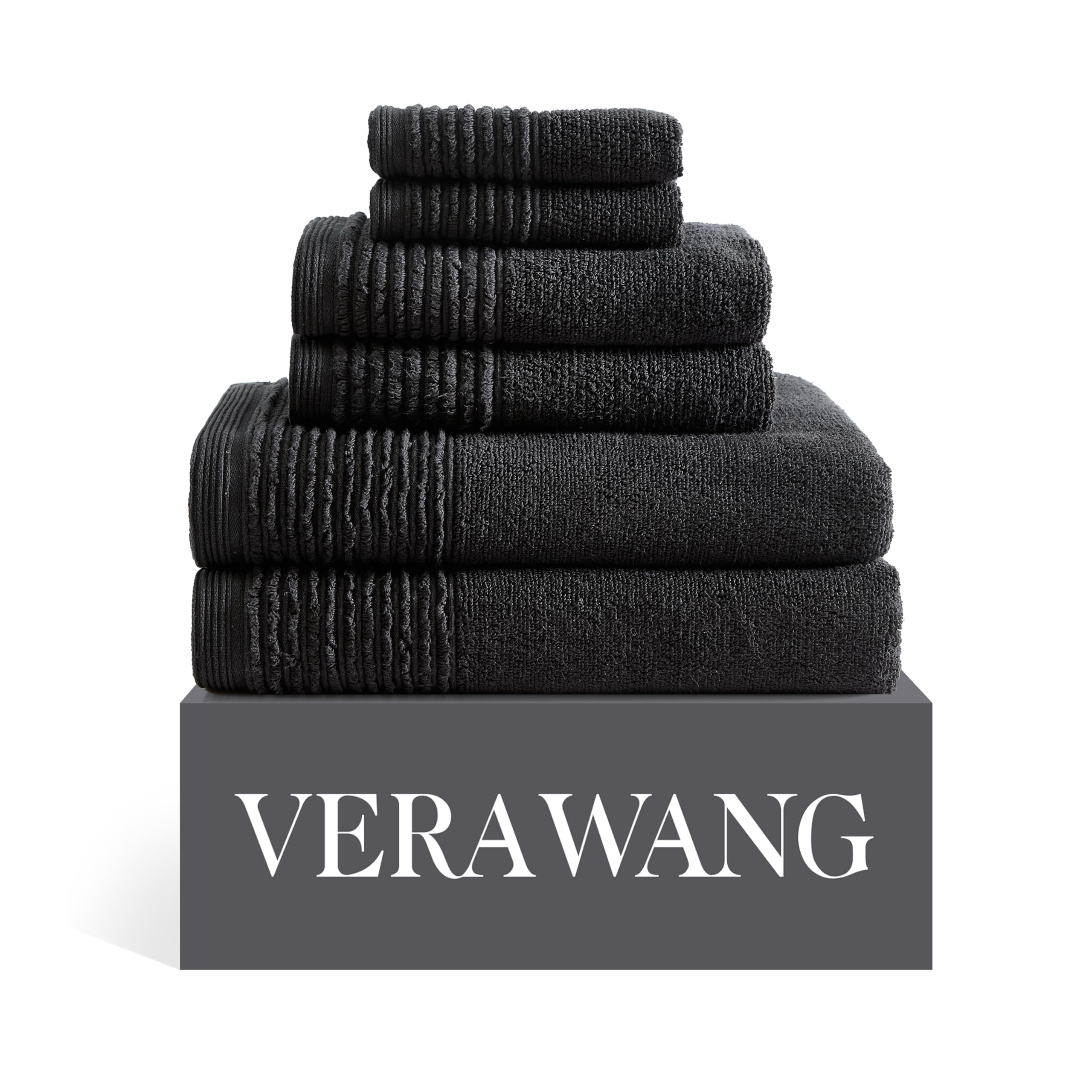 Vera Wang Lot de 6 Serviettes de Bain, en Tissu éponge 100% Coton Doux et Absorbant, résistant au Boulochage et à la décoloration, Poids Moyen (pli soufflé, Noir)