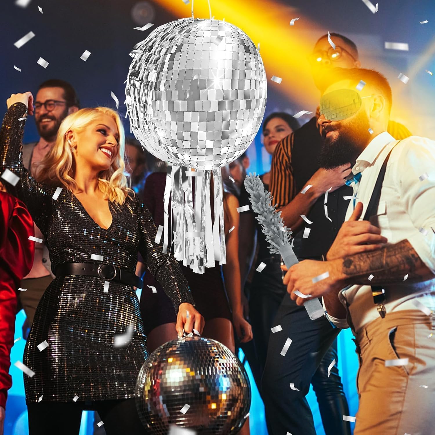12.5 Inch Disco Party Pinata 80s 90s Disco Ball Pinata with Blindfold Stick Confetti for 80s 90s Discos Birthday Wedding Party Supplies Decor (Discos Ball)