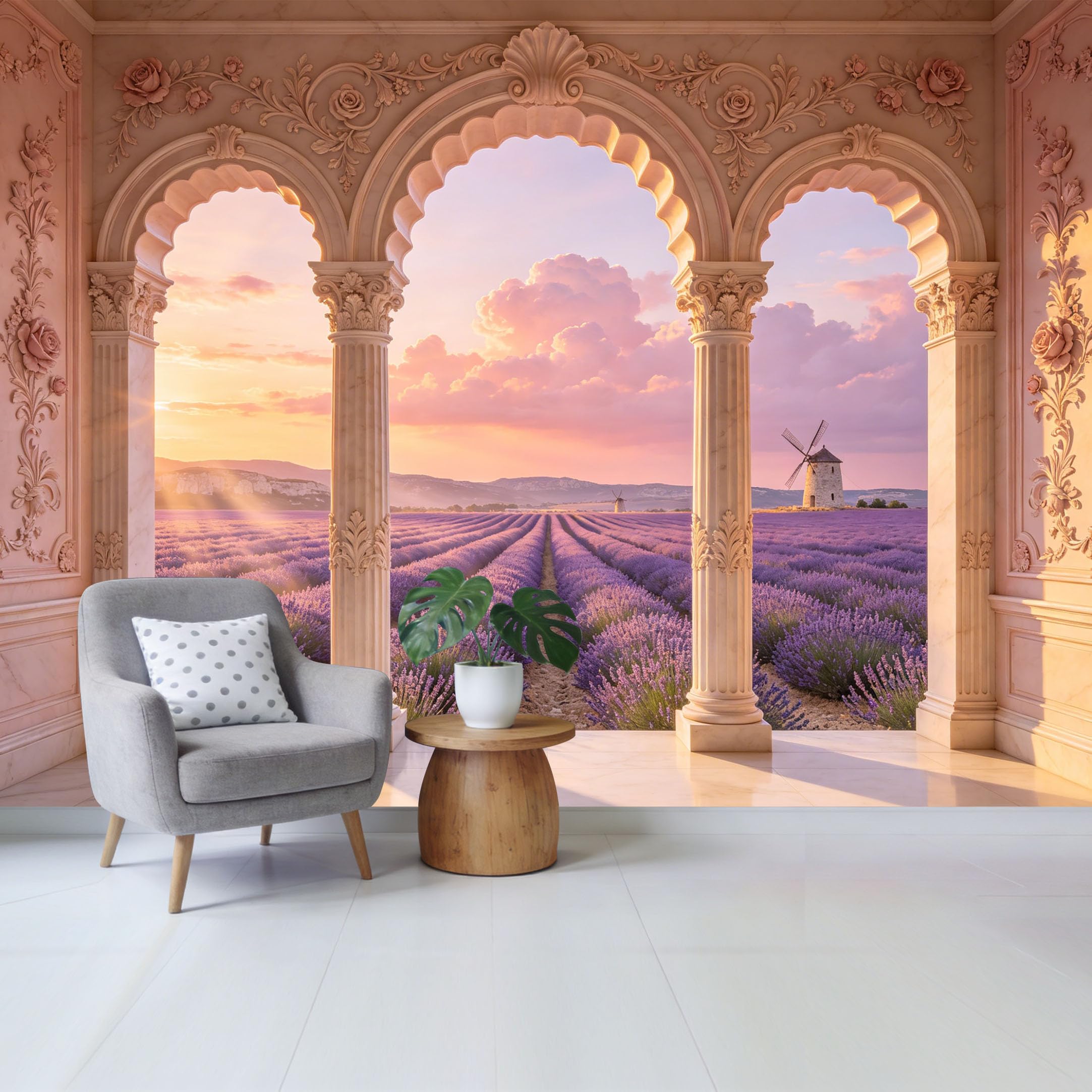 Removable Self Adhesive Fabric Mural， Neoclassical Marble Arch Lavender Field Windmill Custom Size Wall Covering， UV Protected Waterproof Washable Wall Decor for Living Room Bedroom Bathroom