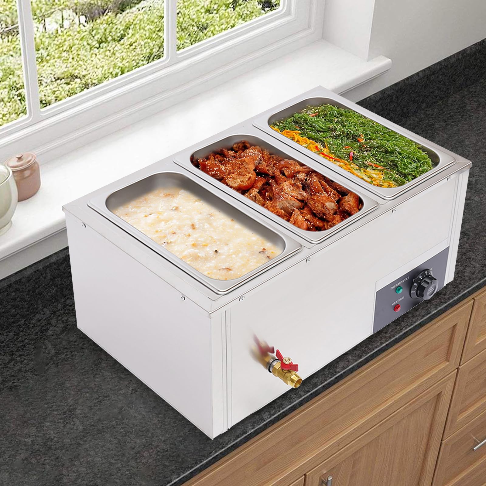 Riscaldatore a buffet in acciaio inox, 850 W, 3 x 7 l, contenitore rimovibile, adatto per ristoranti, mense, spuntini, ristoranti fast food, ecc.