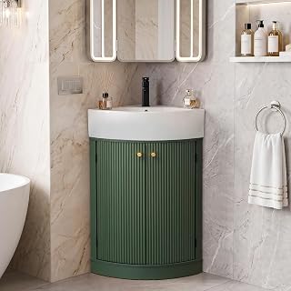 XUZENEST 23” Corner Bathroom Vanity with Ceramic Sink Combo for Small Space | Freestanding Curved Modern Bathroom Storage Vanity Cabinet with Fluted Wood Grain Texture, Green