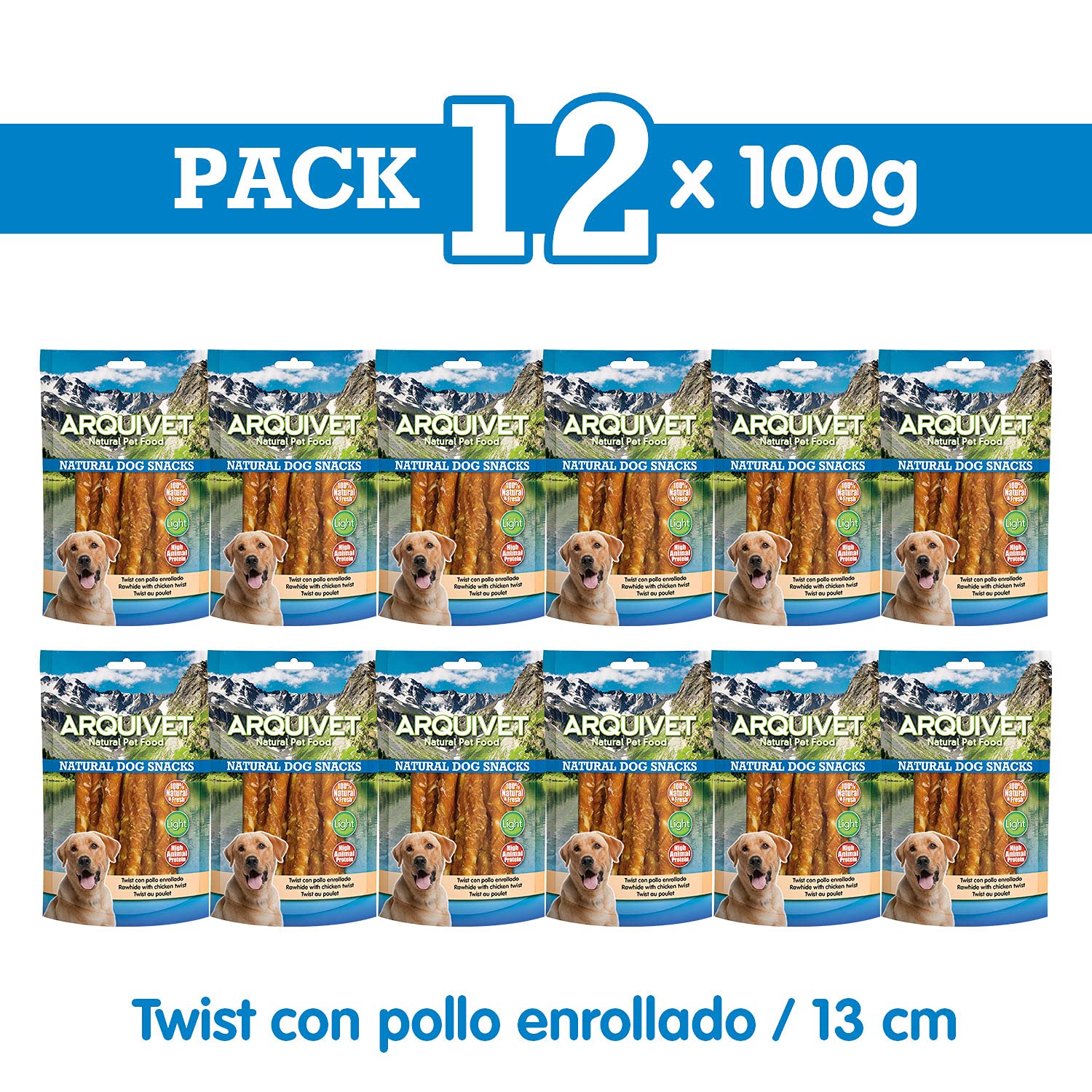 Arquivet Pack 12 Unidades Snacks Twist con Pollo Enrollado 13 cm 100 gr - Natural Dog Snacks - 100% Natural - Chuches, premios, golosinas para Perros - Producto Light - Muy Rico en nutrientes