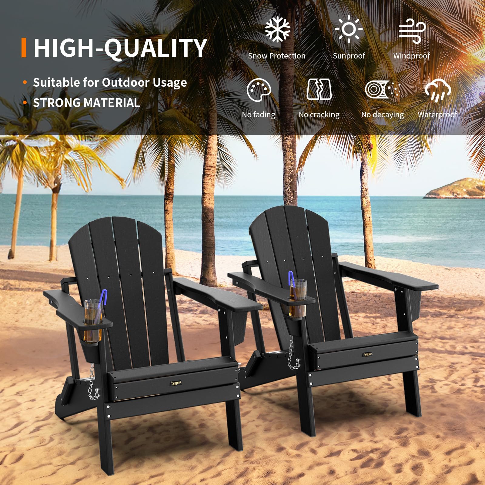 VINGLI Adirondack Stuhl aus HDPE-Kunststoff, Outdoor Gartenstuhl Klappbar mit Getränkehalter, Wasserdichter Gartensessel bis 172 kg belastbar, für Garten, Terrasse, Pool, Feuerkorb, Schwarz
