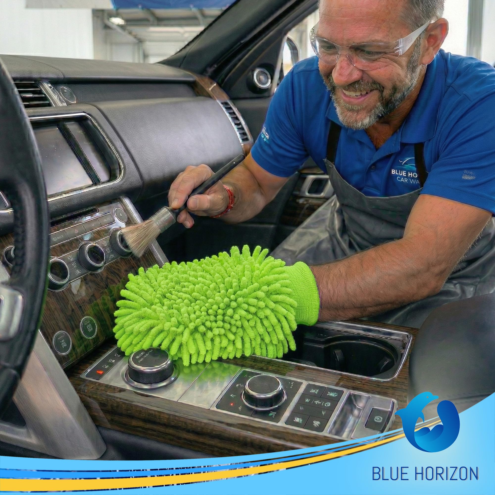 Mikrofaser-Autowaschhandschuh und großes Handtuch-Set, maschinenwaschbar, hochsaugfähiger Auto-Detaillierungsreiniger zum Trocknen, Waschen und Wachspolieren (1 grüner Handschuh, 1 blaues Handtuch)