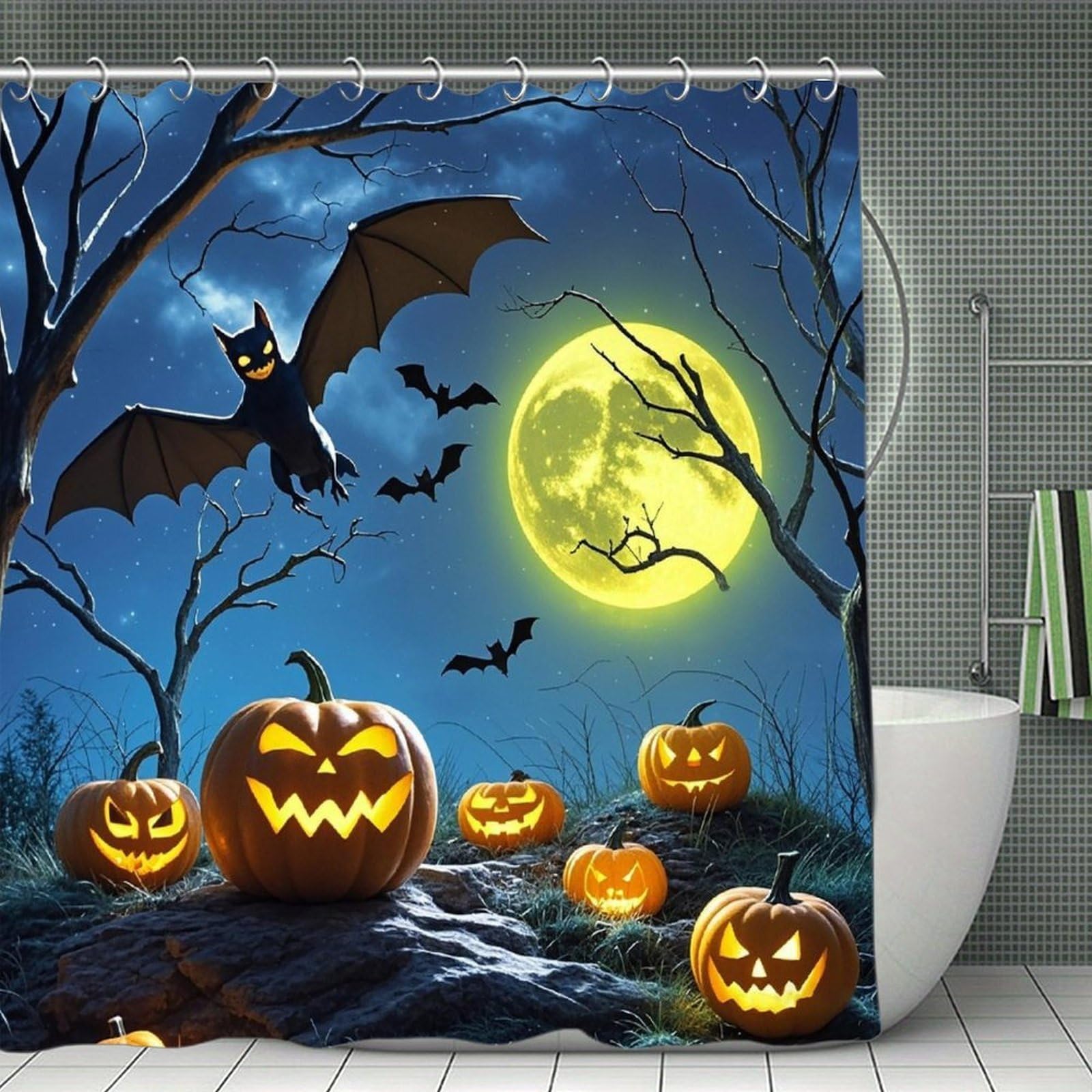FekiLoot Bats and Pumpkins Shower Curtain with Hooks Modern Farmhouse Bathroom Curtain Waterproof Cloth Bath Curtains Cute Washable Blackout Privacy Curtains for Bathroom Bathtub 70.8"x70.8"