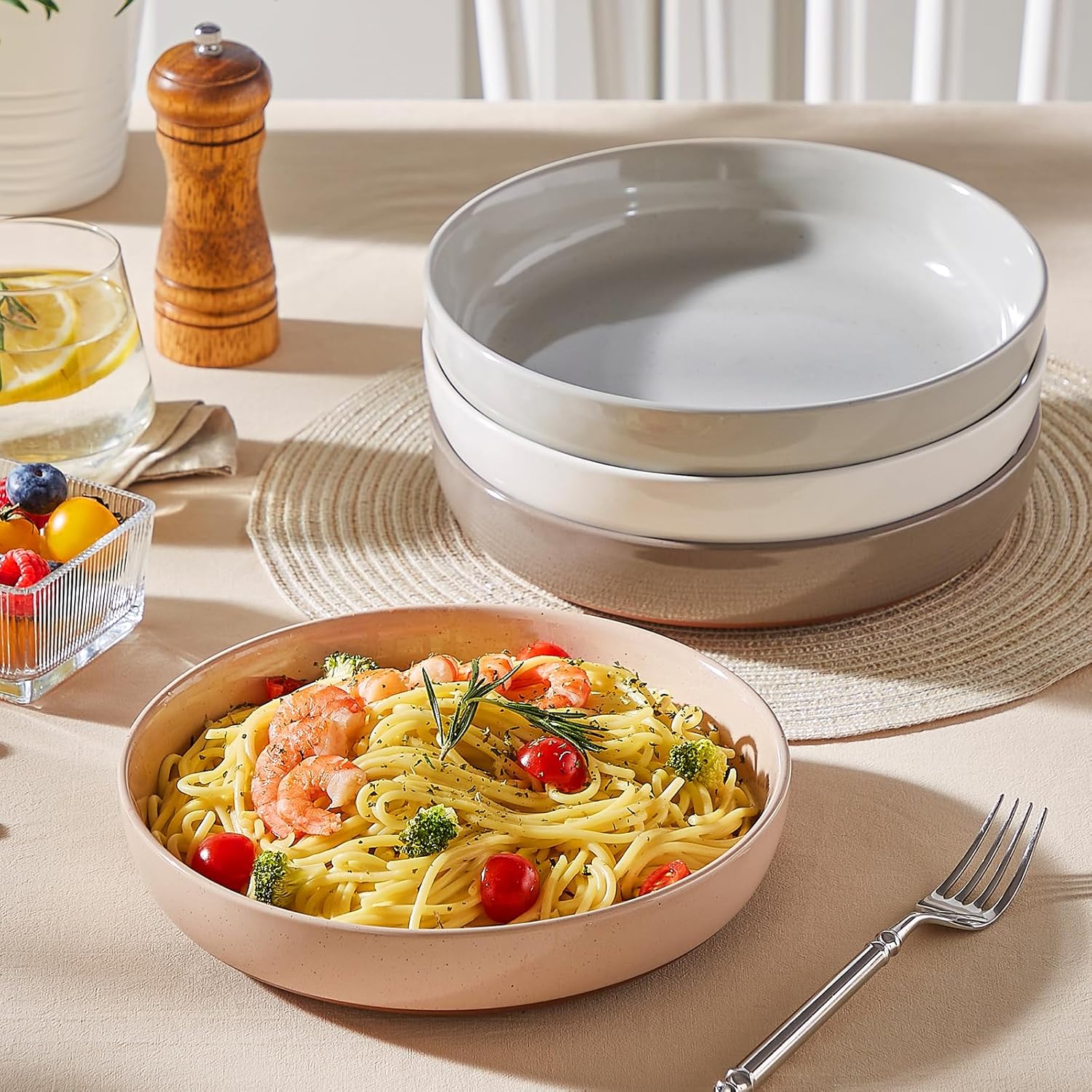 MALACASA Large Pasta Bowls Set of 4, 48 OZ Salad Bowls Serving Bowls for Dinner, Ceramic Soup Bowls Pasta Plates for Serving, Stackable, Microwave & Dishwasher Safe, Multicolor, Series TARA