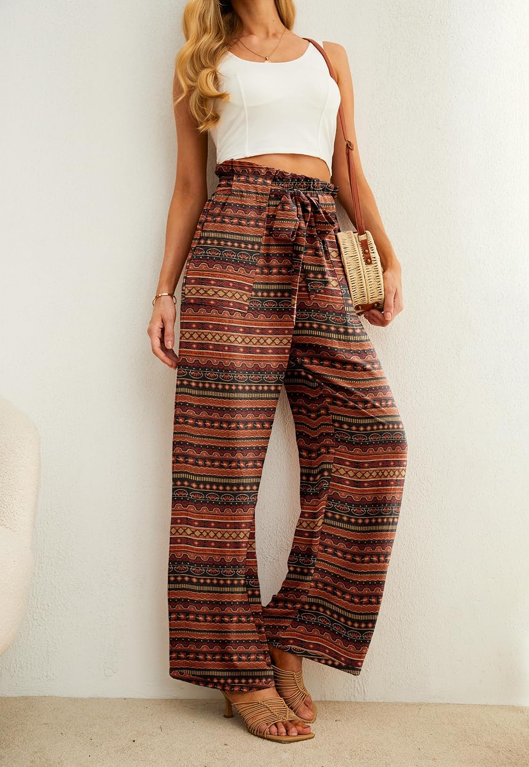 IWOLLENCE Women High Waist Palazzo Pants, Adjustable Knot Ankle Wide Leg Trousers Pockets Beach Vacation Lounge Office thumbnail