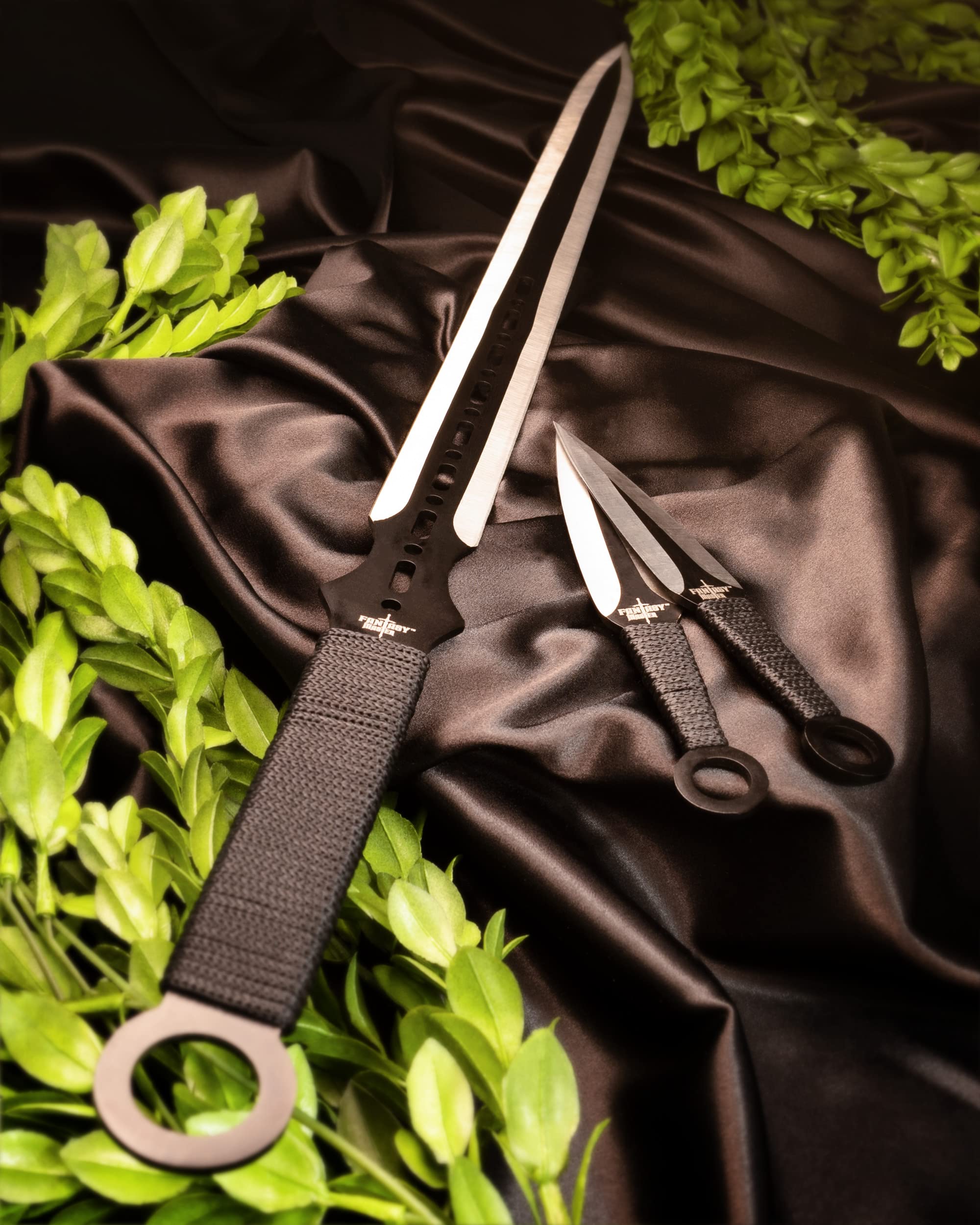 Machete scharf echt EIN Satz 1 Katana Ninja Schwert und 2 Wurfmesser scharf echt zum Training Metall Stahl Samurai Nur für Erwachsene 68 cm - 18 Jahre erforderlich FM-644D