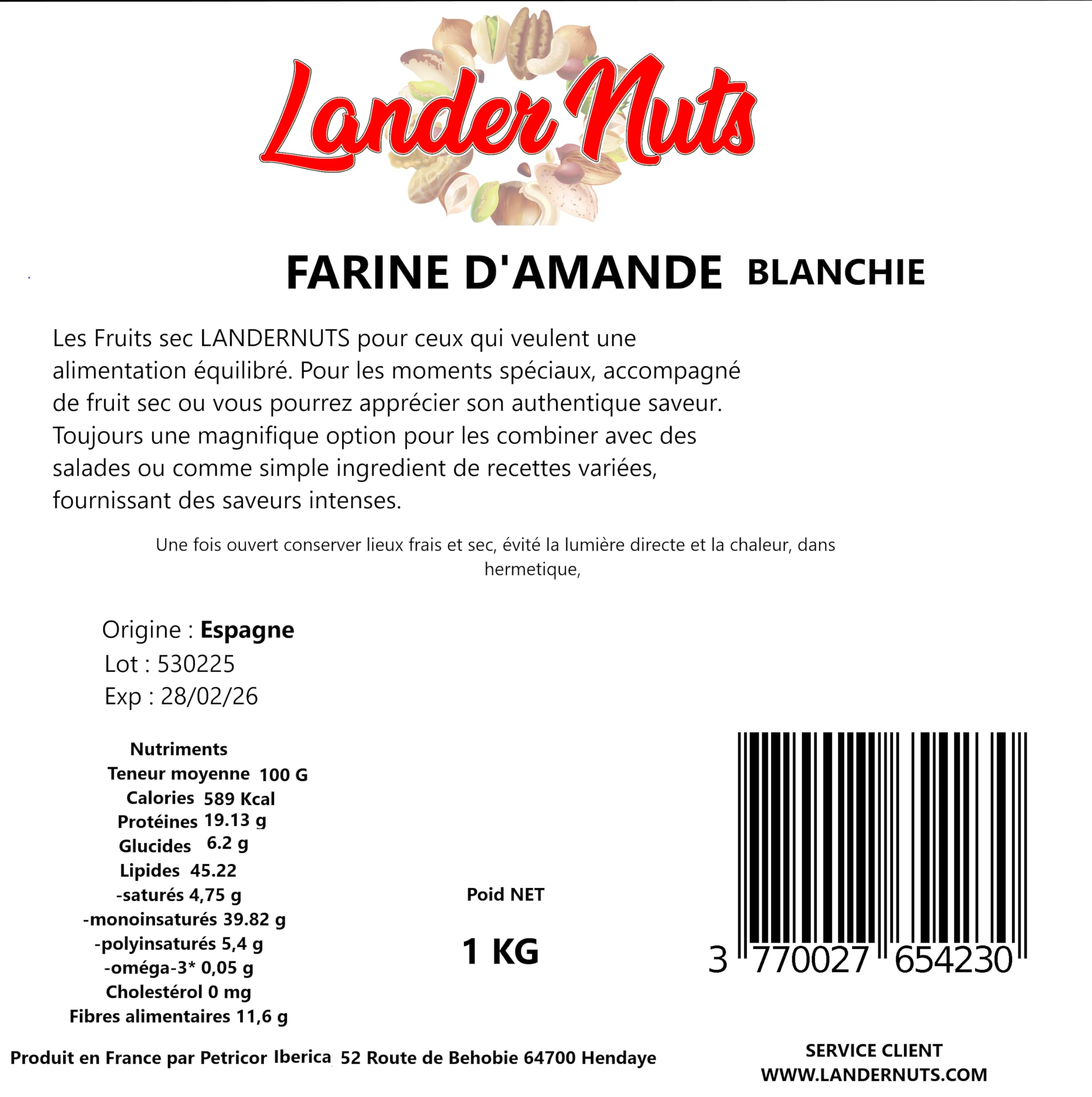 Amande en Poudre Blanchie 1 KG Origine Espagne Idéal pour recette Amandes sélectionnées LANDERNUTS