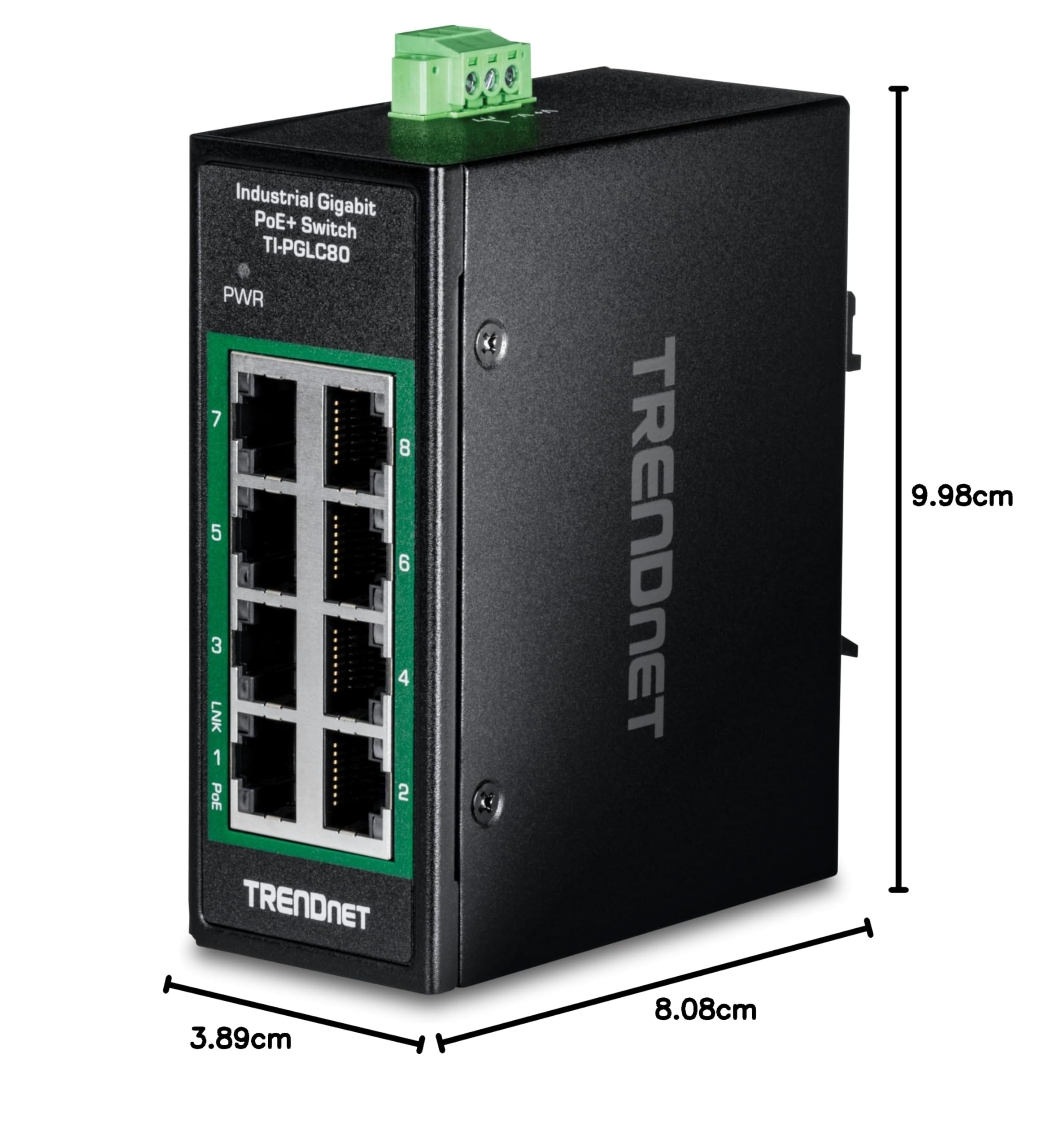 TRENDnet - Mini Interruptor Industrial Gigabit PoE+ DIN-Rail de 8 Puertos, TI-PGLC80, 8 Puertos Gigabit PoE+, 200 W PoE+ de presupuesto de Potencia, 16 Gbps, Compatible con NDAA y TAA