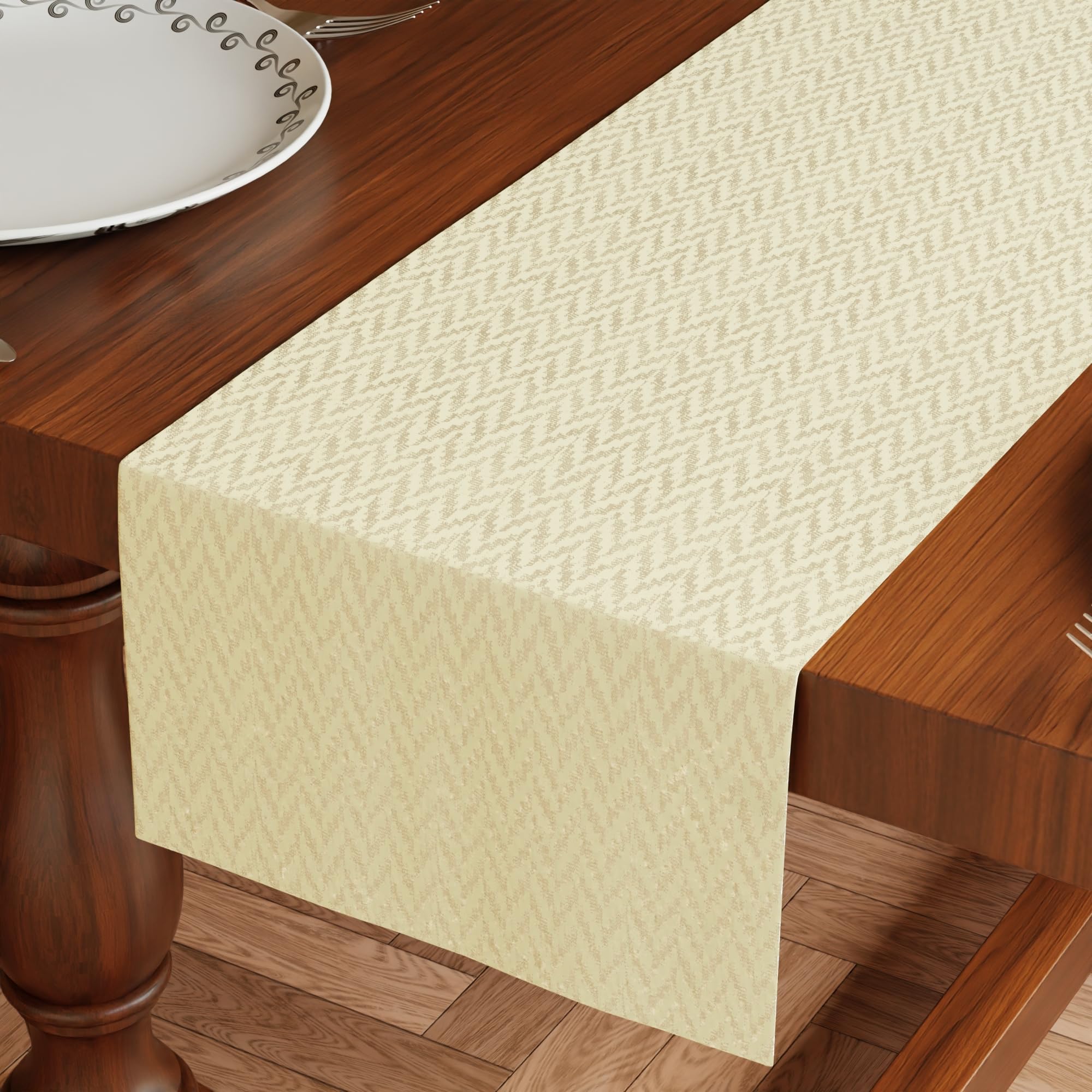 Encasa XO Dining Table Runner 32x122 cm | ZZ Textured Waterproof Polyester | Wrinkle Resistant, Machine Washable Table Decor for Dining, Coffee & Console Tables | Off White-image-40