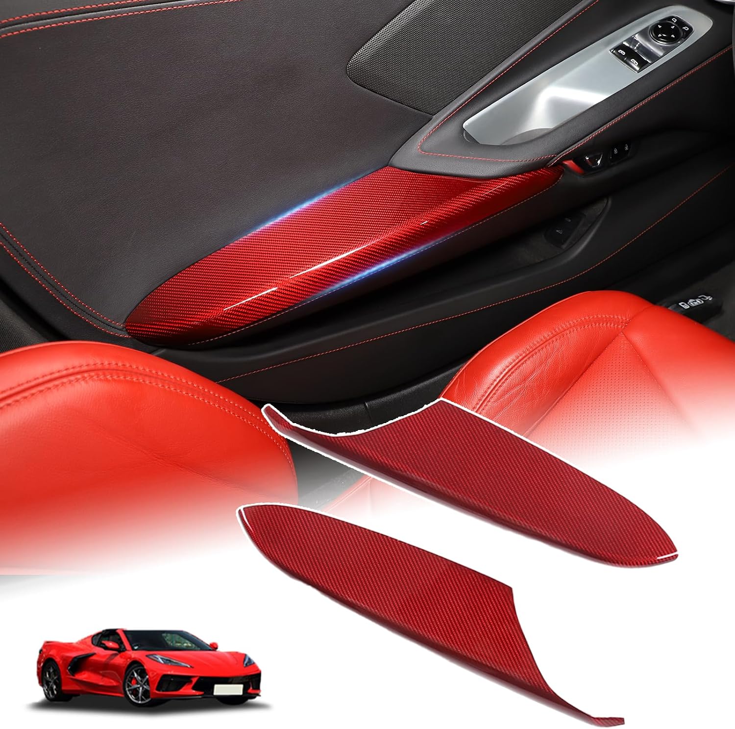 Dry Carbon Fiber Interior Door Armrest Panel Trim Cover for Chevrolet Corvette C8 2020-2025 Stingray Z06 Z51 Z07 Coupe Convertible Inner Side Door Armrest Panel C8 Corvette Accessories 2PCS (Red)