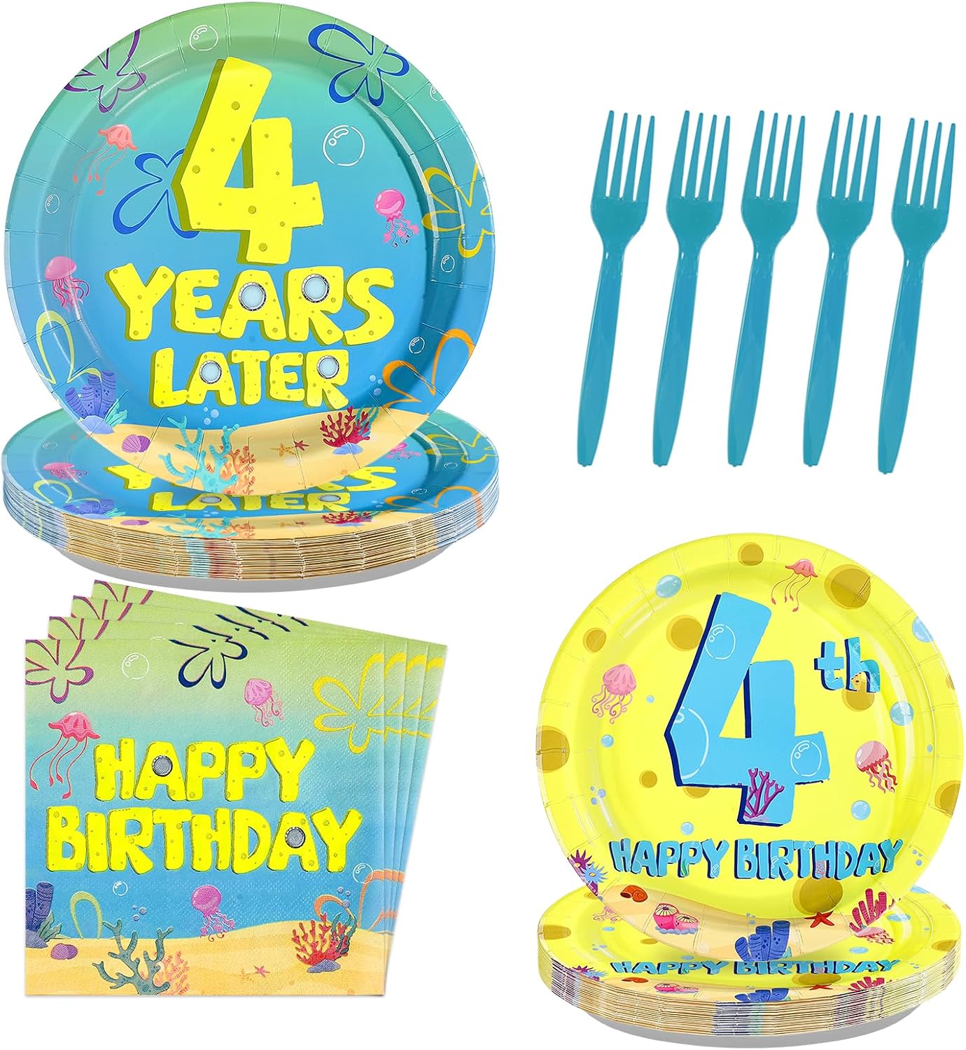 96Pcs Yellow Cartoon Party Supplies 4th Birthday Plates and Napkins Blue Yellow Ocean Disposable Paper Tableware for adults Underwater Birthday Party Supplies Serves 24