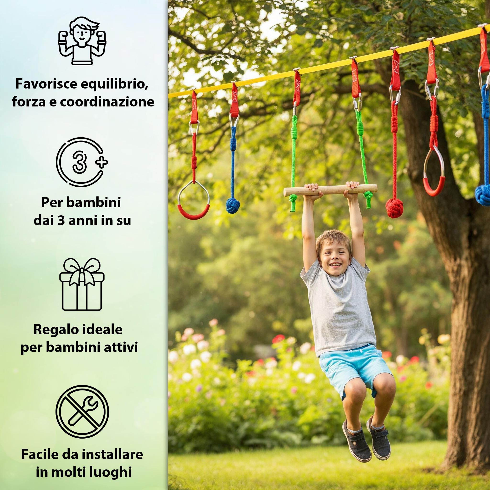 ALPIDEX Ninja Warrior Set 15 m Gioco Bambini Slackline Percorso Sospeso Ostacoli Anelli Ginnastica Nodi Corda Altalena Scaletta Accessori