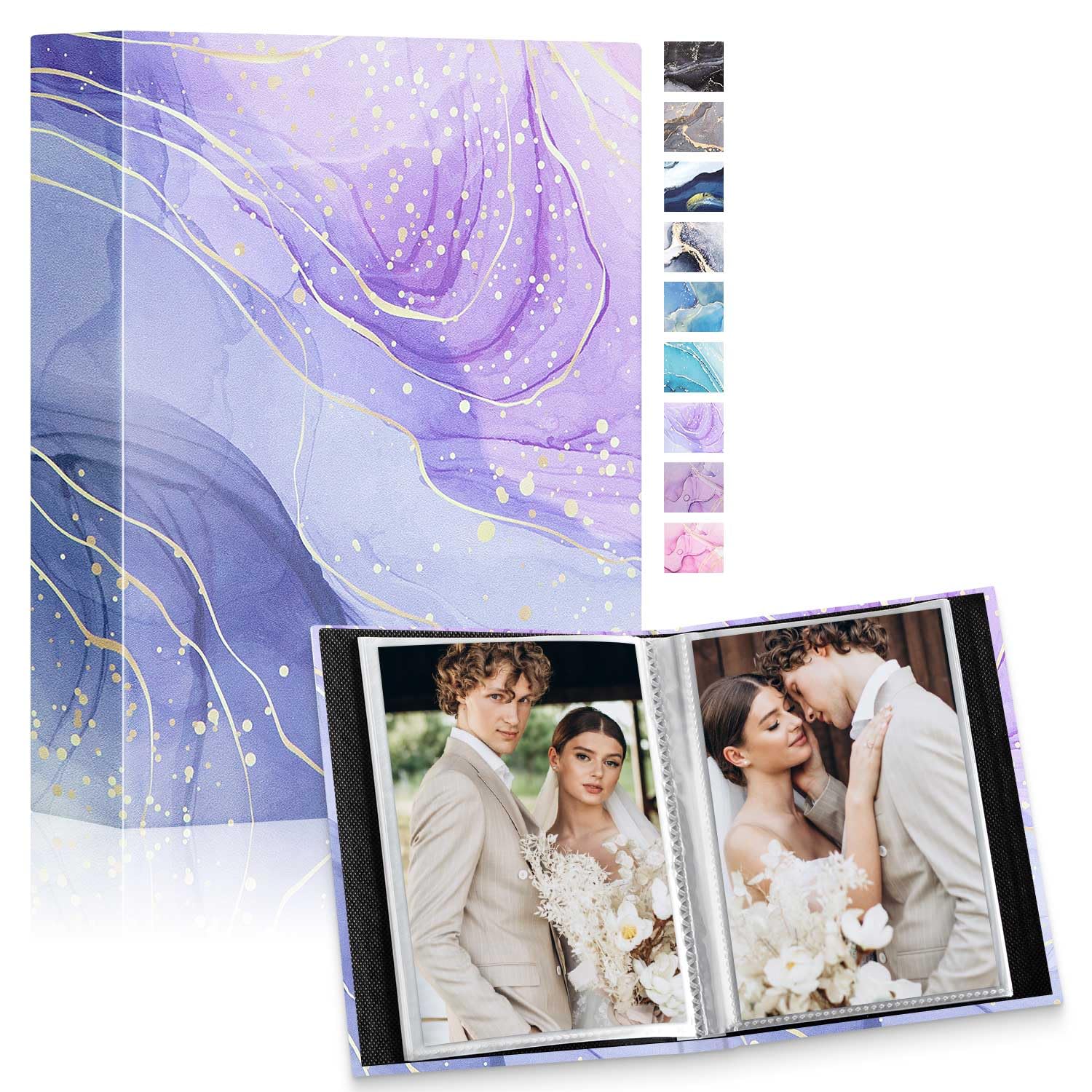 Lanpn Album de Fotos 10x15 50 2 Paquetes, Mini Pequeño Cuero Album para Photos Bolsillos Carga Superior Verticales Violeta Oro