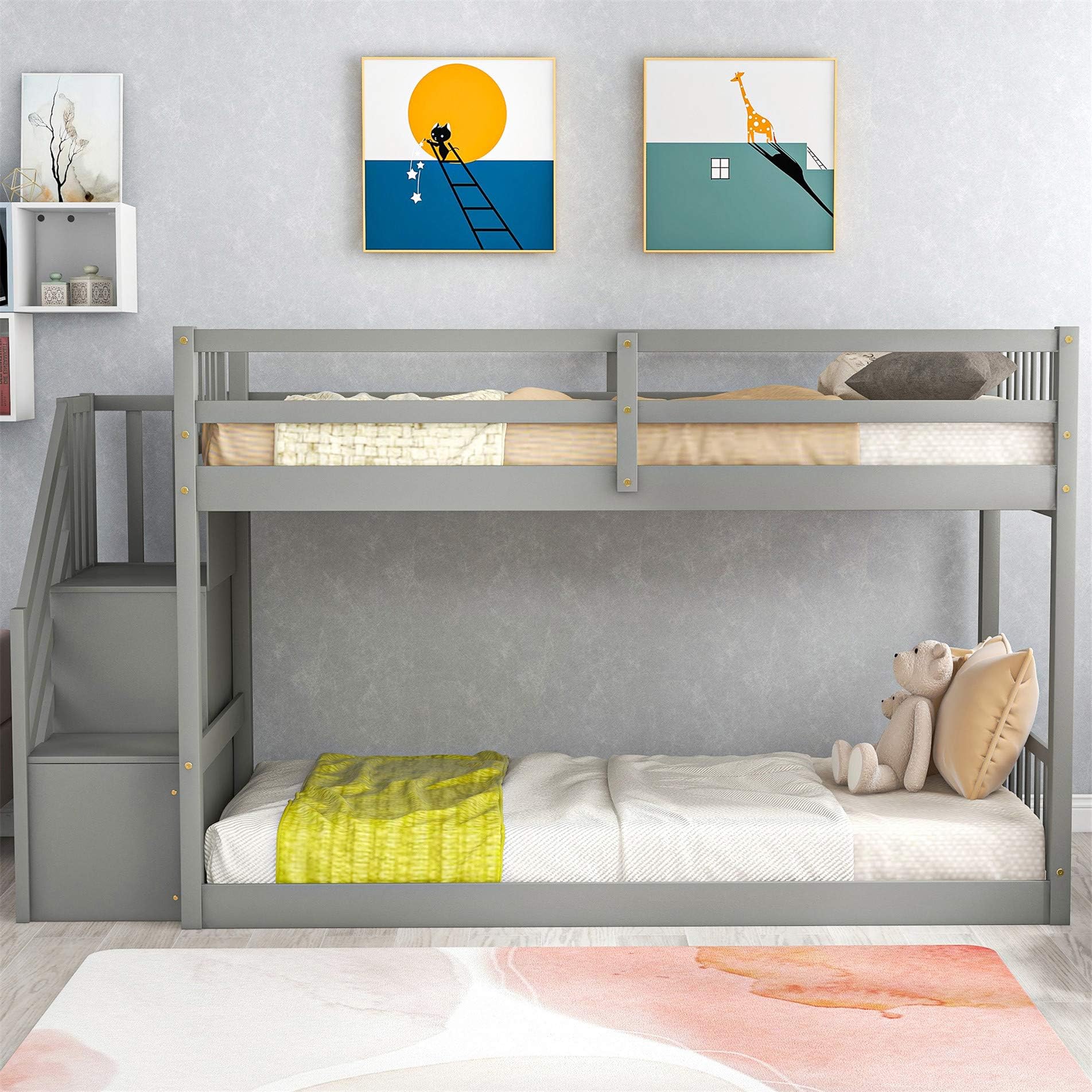 Harper & Bright Designs Low Bunk Bed with Stairs,Twin Over Twin Floor Bunk Bed with Storage, Wood Kids Bunk Bed for Girls, Boys (Gray)